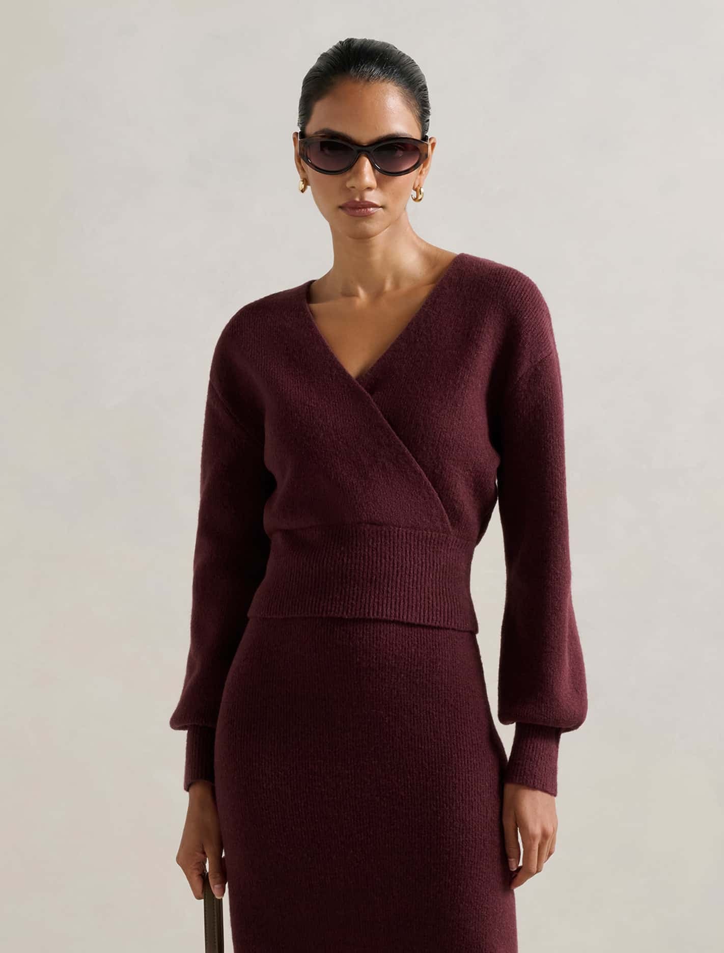 Forever New Women's Sloane Petite Wrap Knit Sweater Top in Mulled Wine, Size Medium PolyesterAcrylicWool