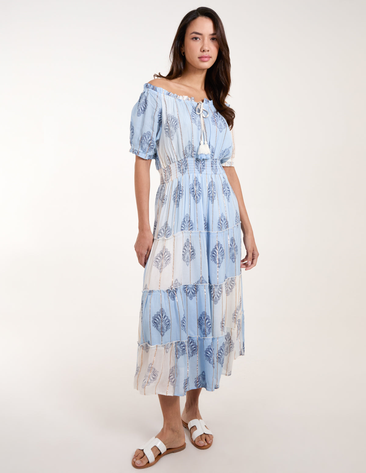Printed Bardot Tassel Midi Dress - S BLUE