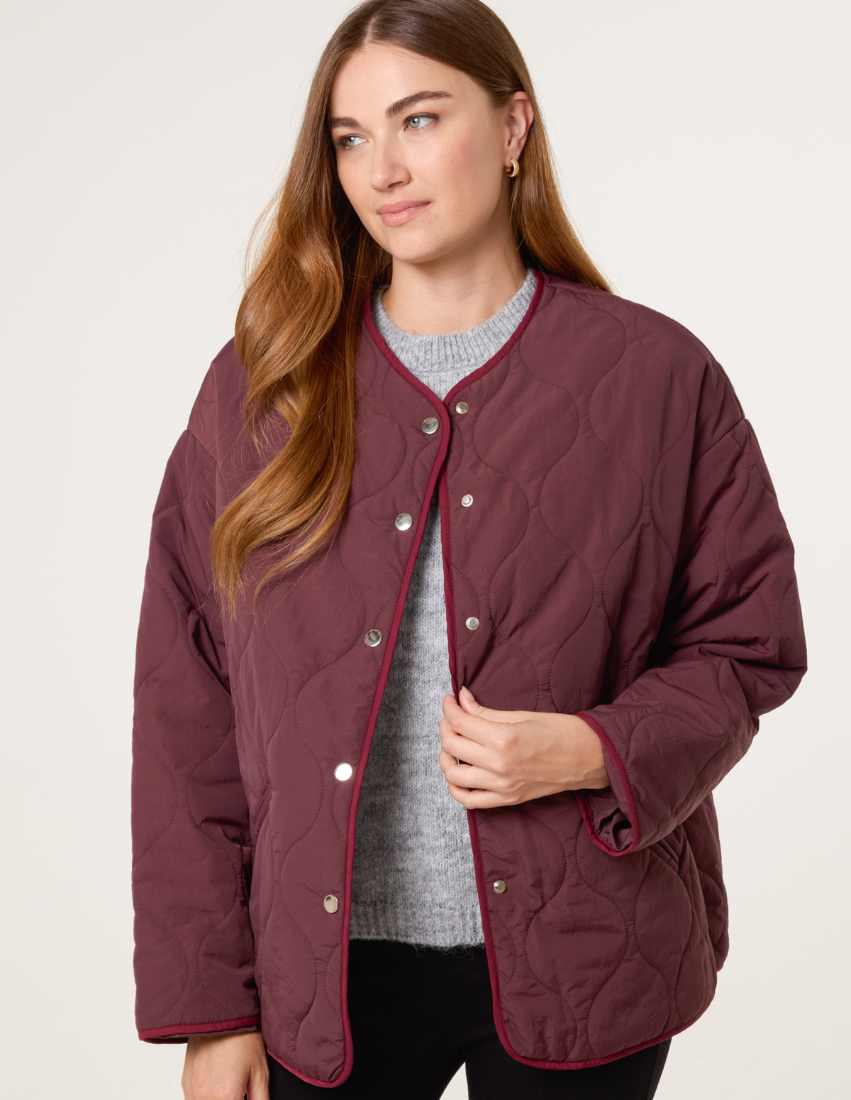 Button Front Quilted Jacket - WINE