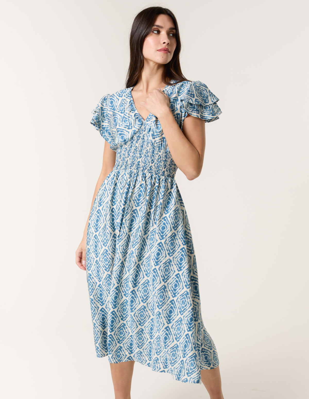 Double Frill Shirred Midi Dress - L BLUE