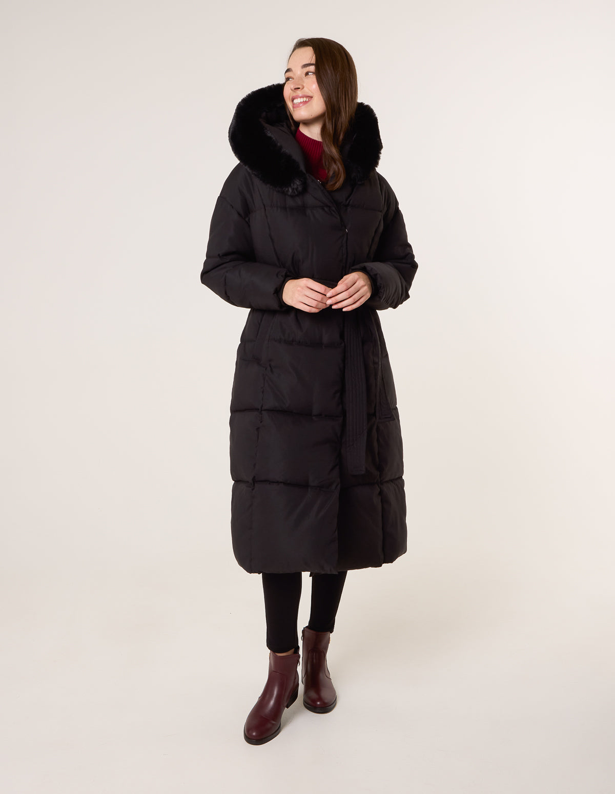 Long Puffer Faux Fur Hooded Coat - L BLACK