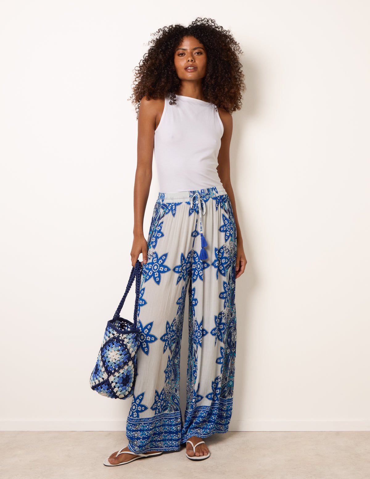 Paisley Floral Wide Leg Printed Trousers - M BLUE
