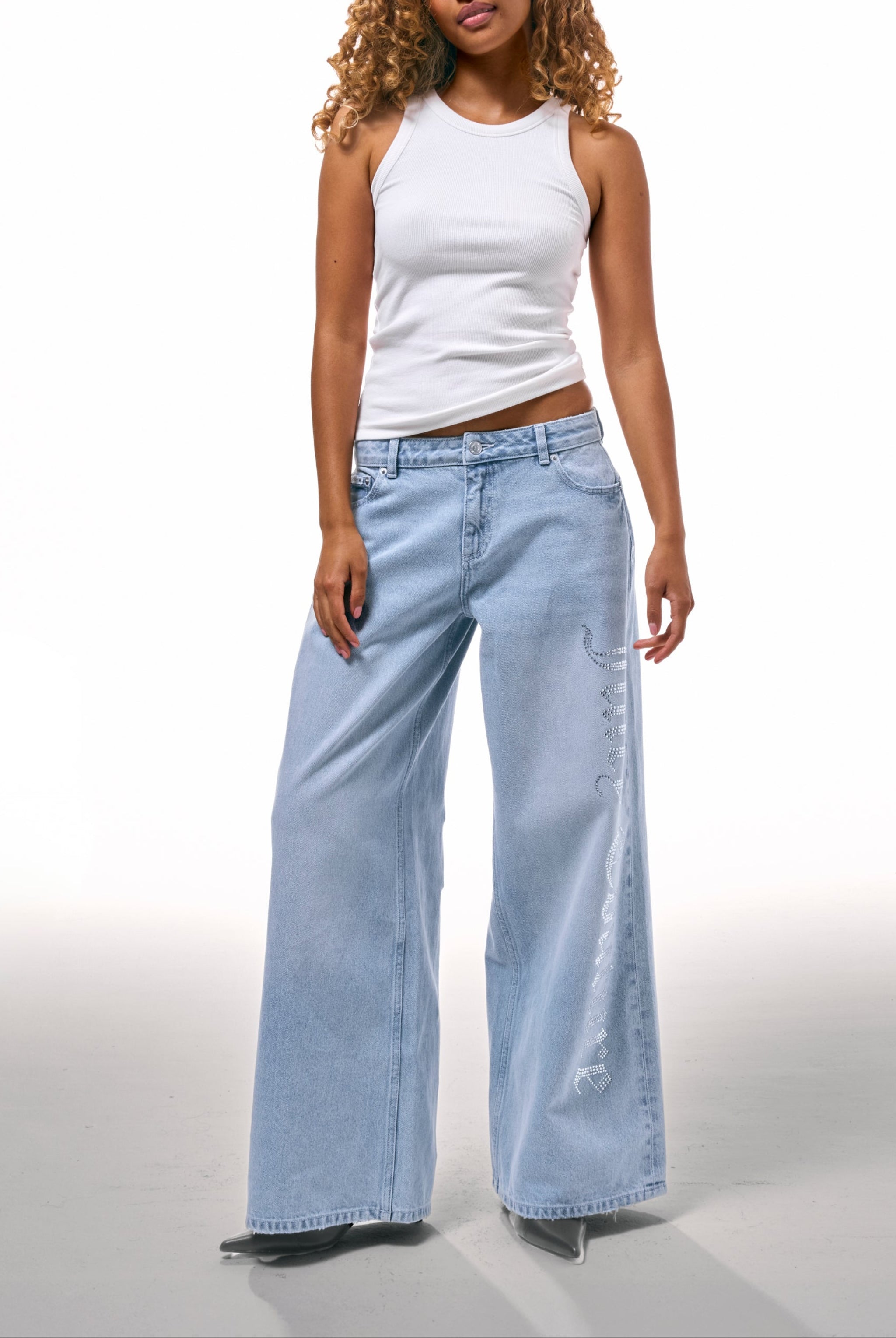 LIGHT WASH DIAMANTÉ WIDE LEG JEANS - W Blue
