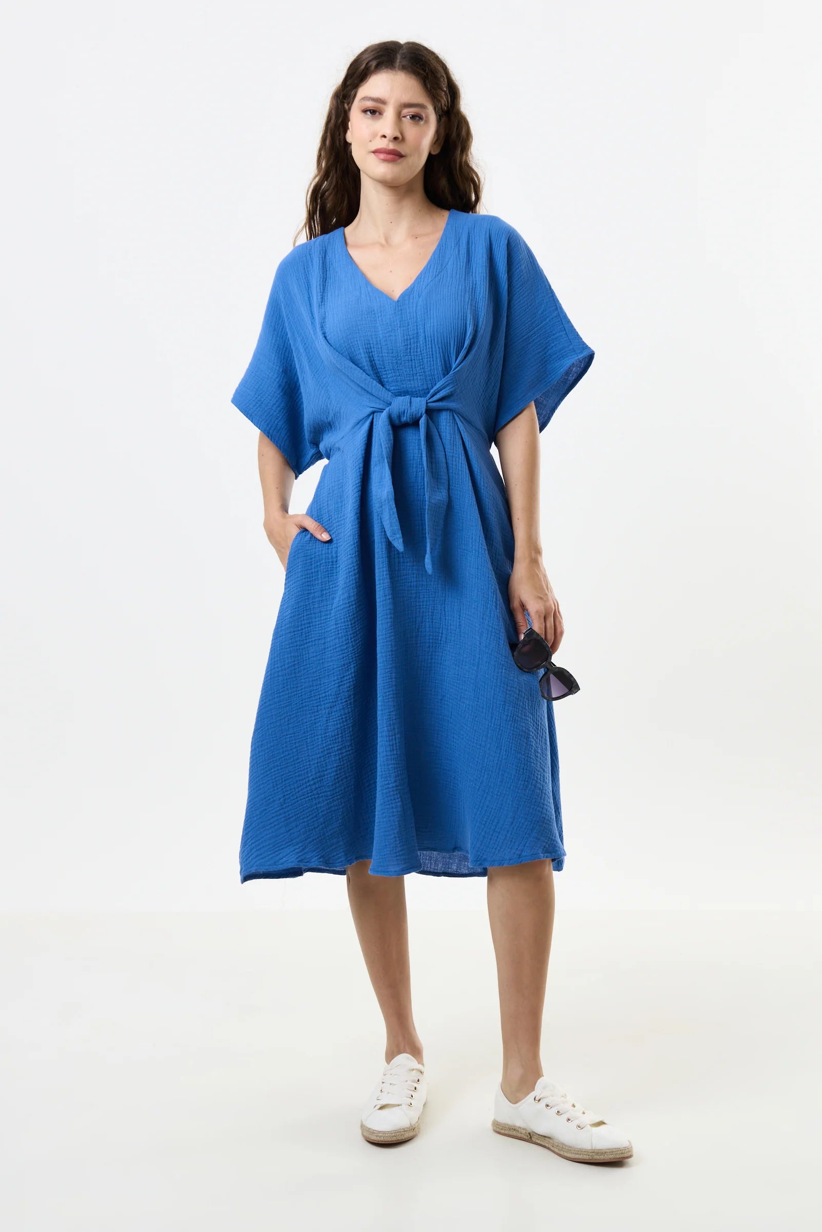 Elody Double Gauze Tie Waist Midi Dress - Blue - Blue
