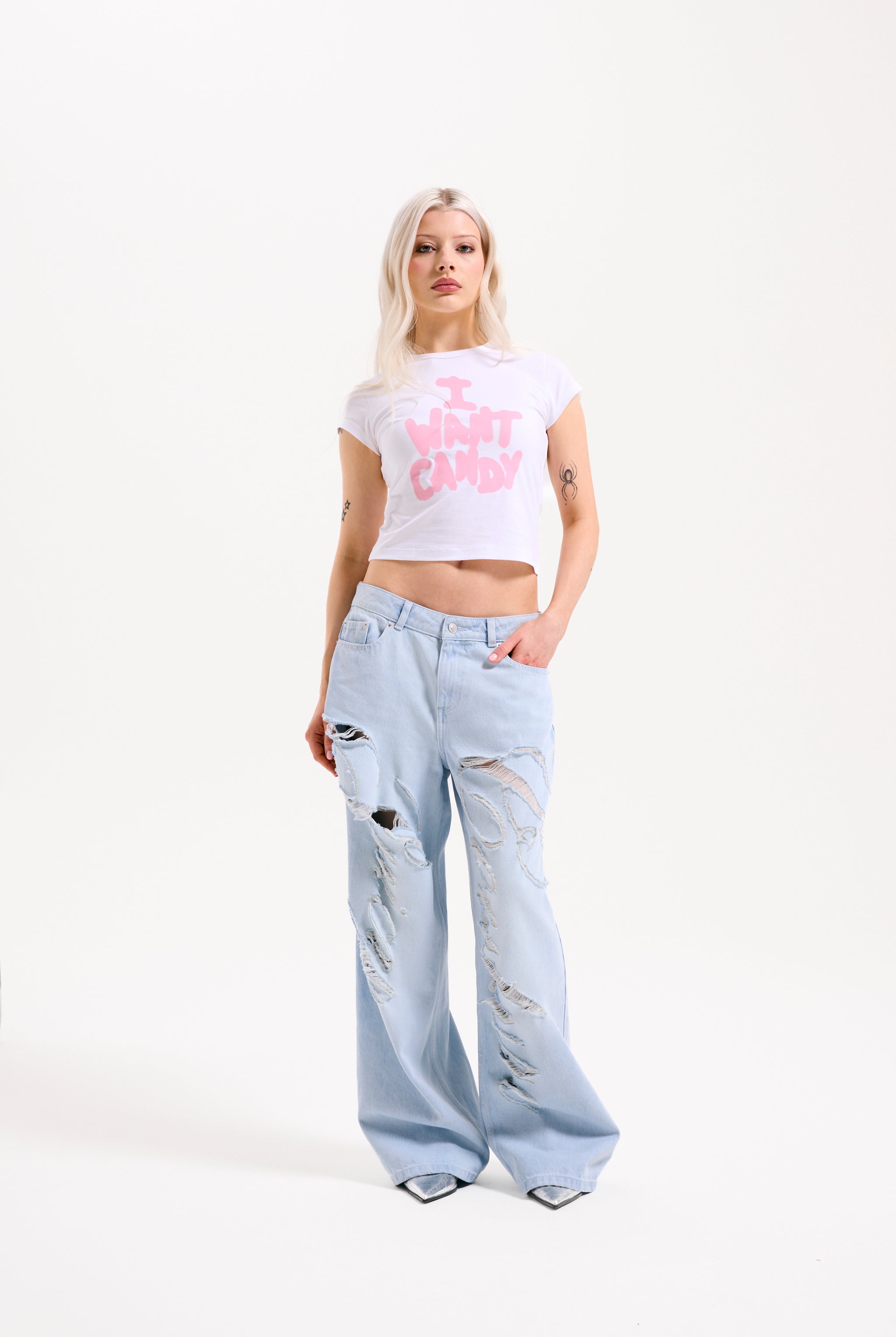 BLEACHED DENIM DISTRESSED WIDE LEG JEANS - W Blue