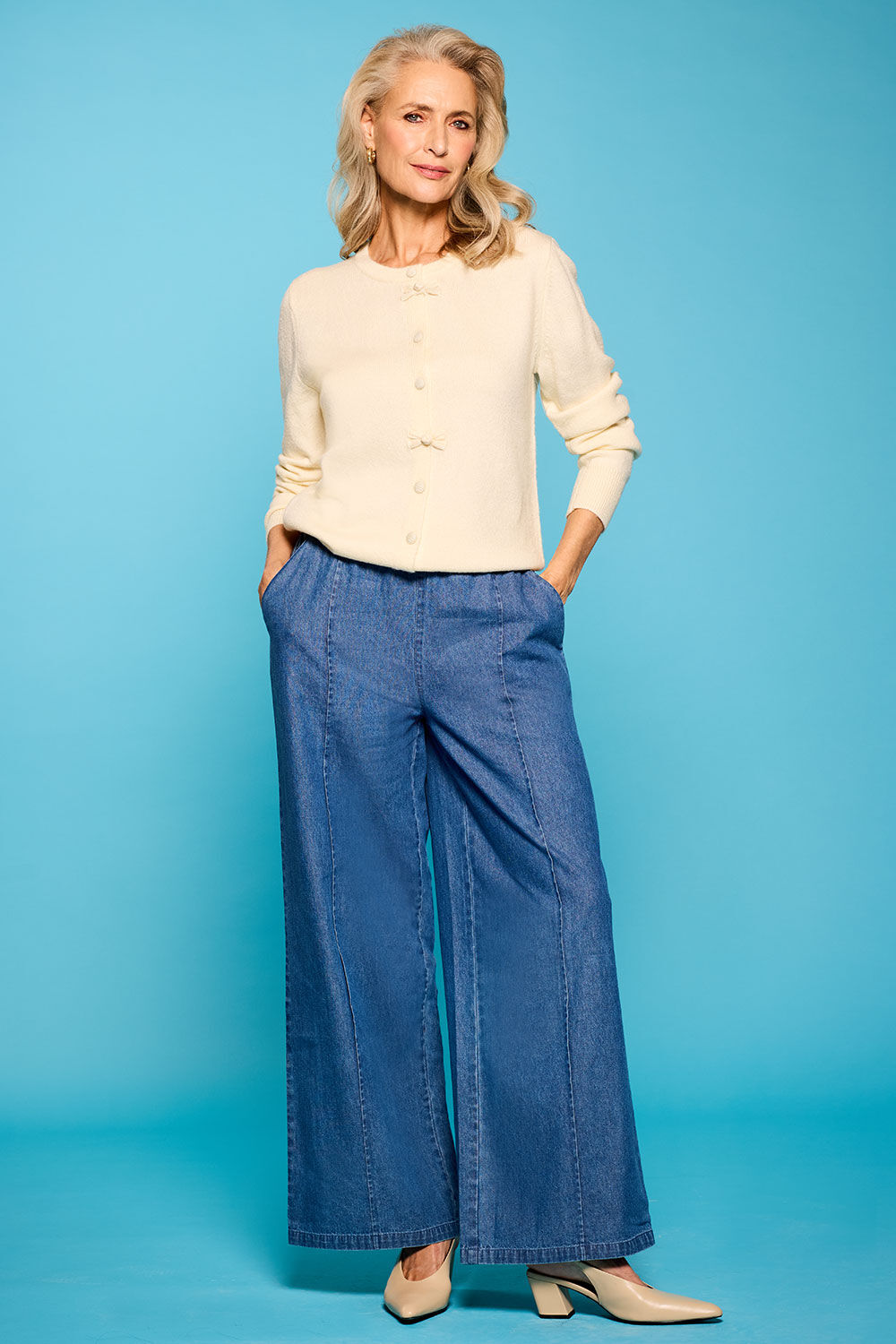 Bonmarche Inkdenim Belted Wide Leg Chambray Trousers, Size: