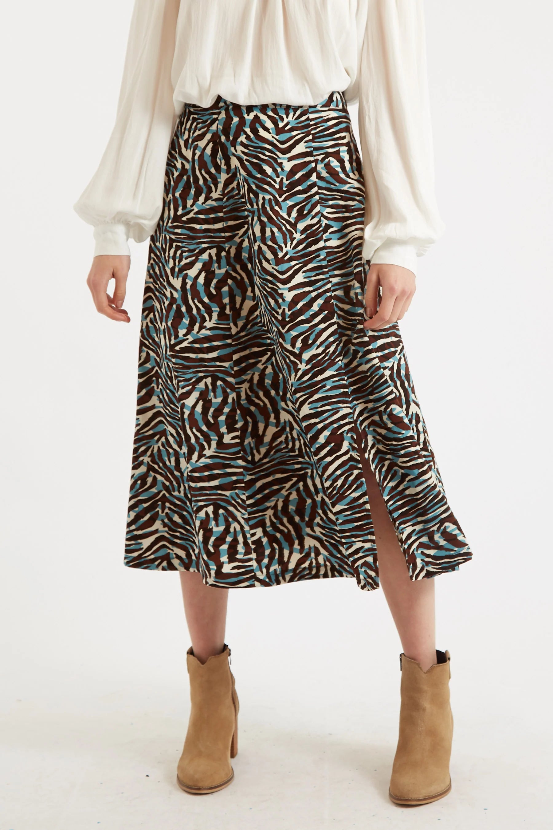 Kiyo Roar Print Midi Skirt - ChocolateTurquoise