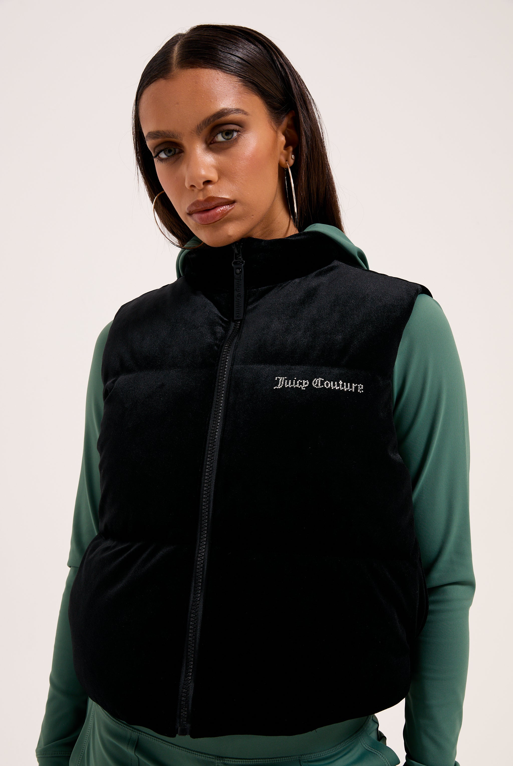 BLACK CROPPED DIAMANTÉ VELOUR GILET - Black