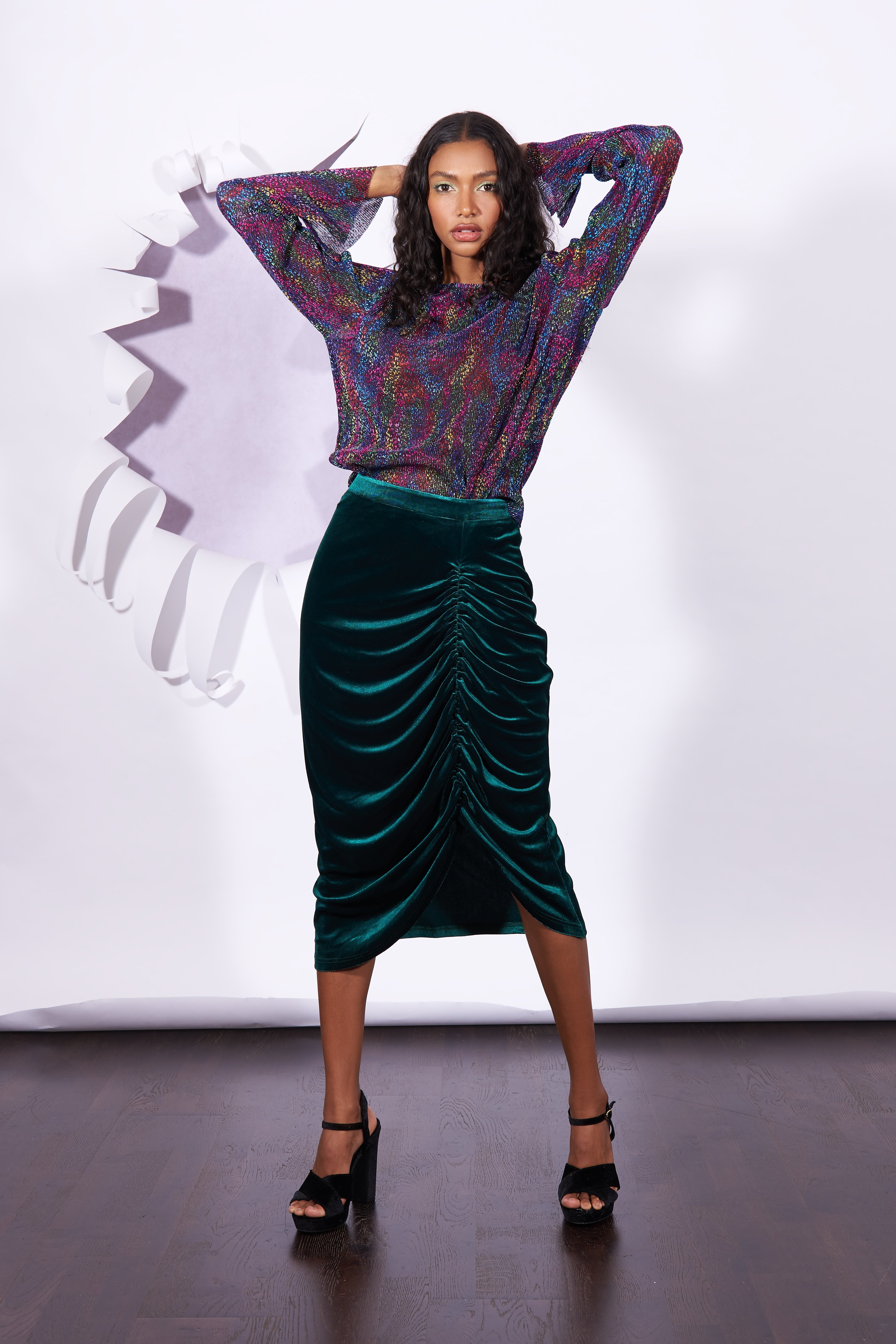 Louche Helka Velvet Ruched Mini Skirt Green - Green