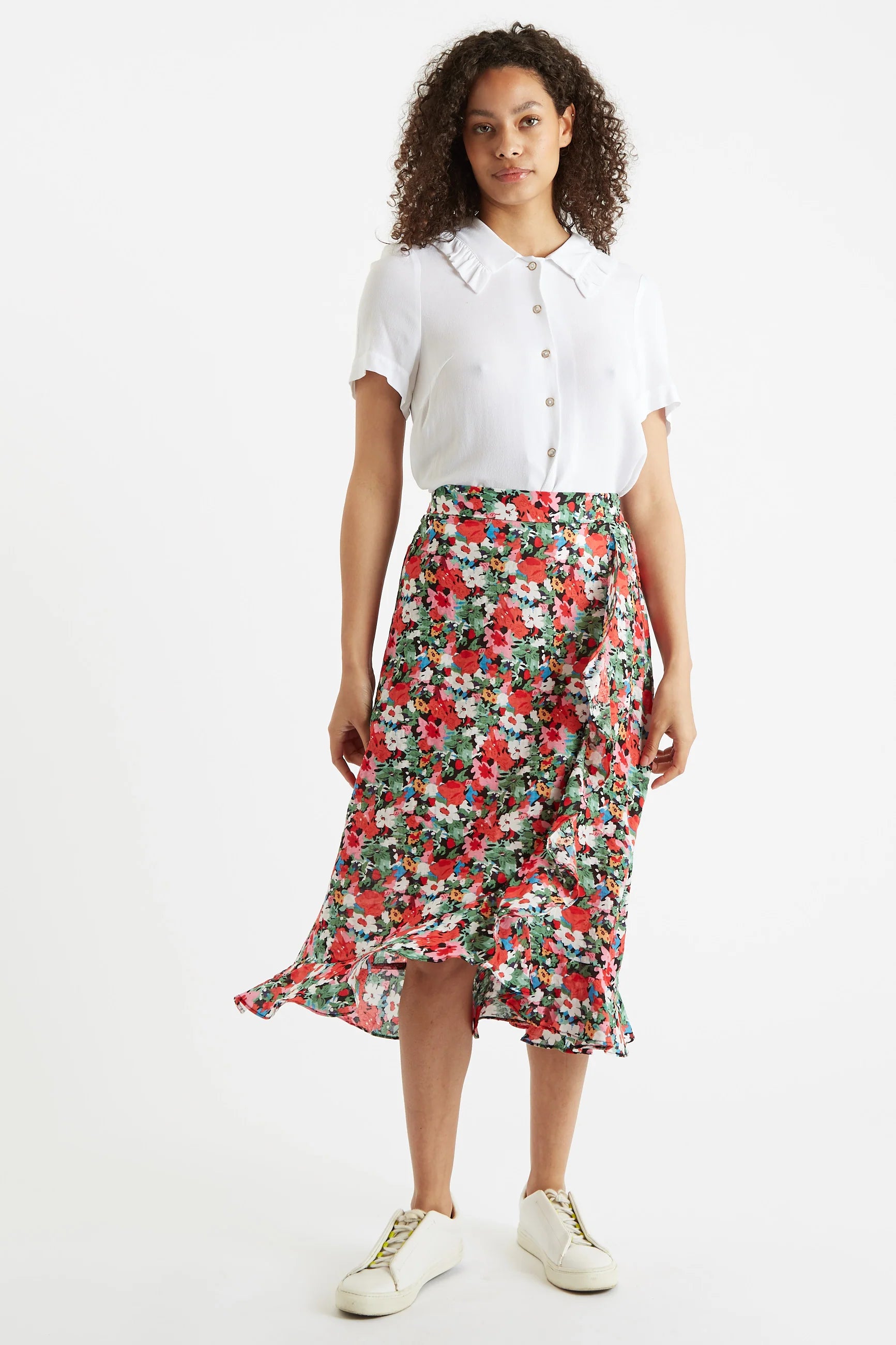 Louche Mara Flower Splash Print Ruffle Hem Wrap Midi Skirt - Multi