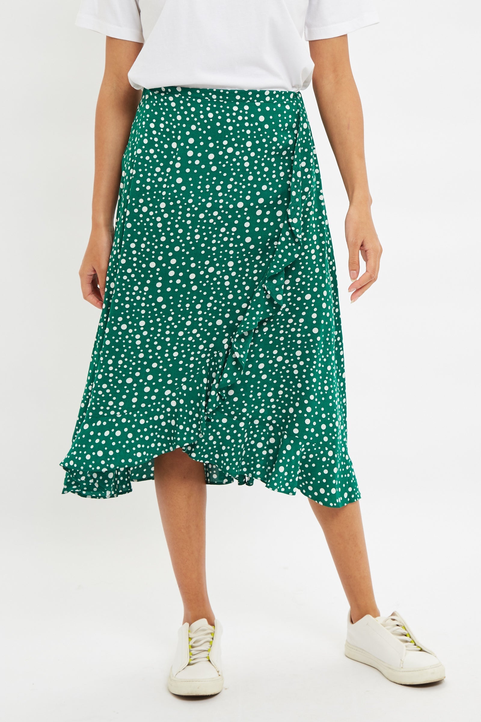 Louche Mara Spot It Print Ruffle Hem Wrap Midi Skirt Green - Green