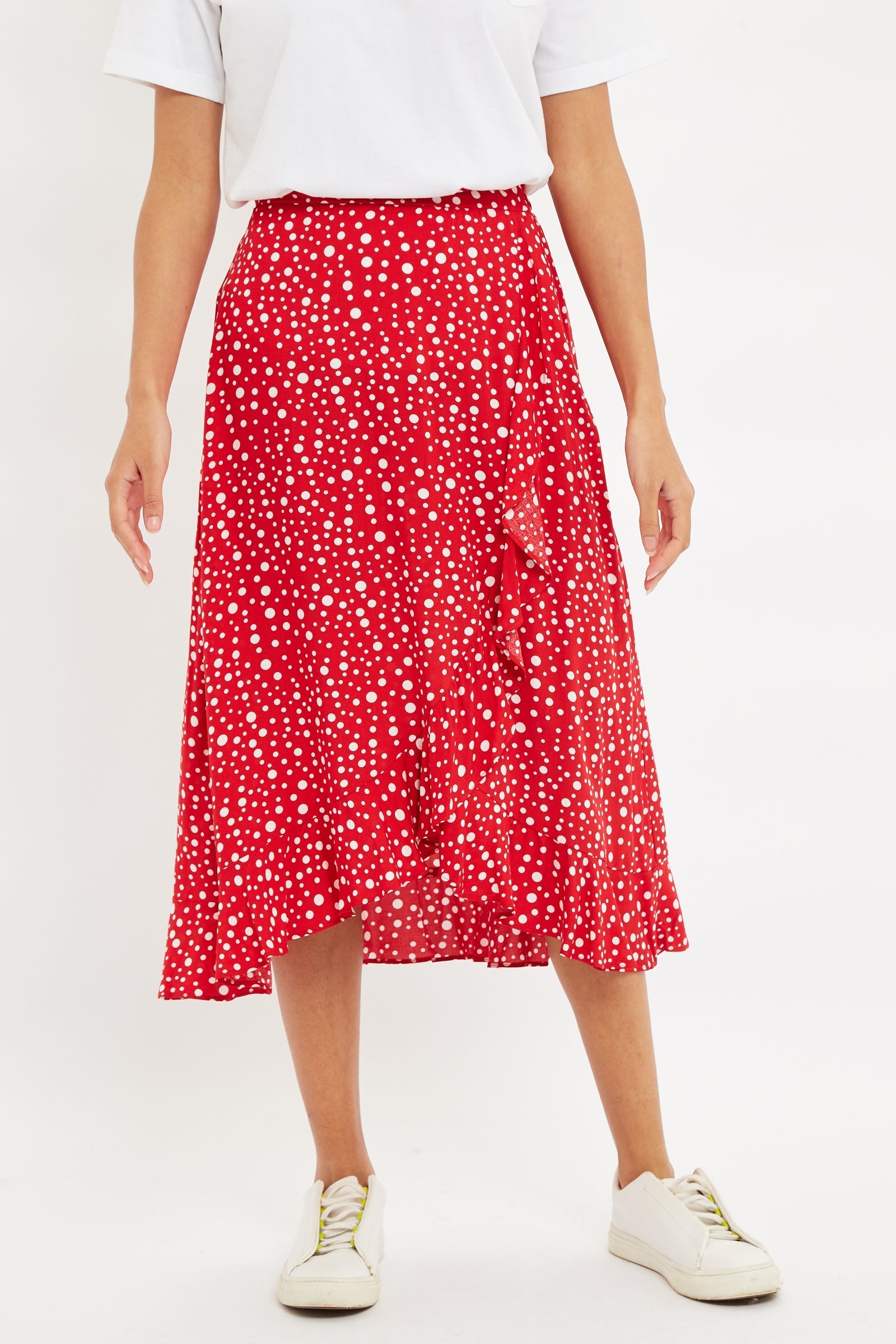 Louche Mara Spot It Print Ruffle Hem Wrap Midi Skirt Red - RedWhite