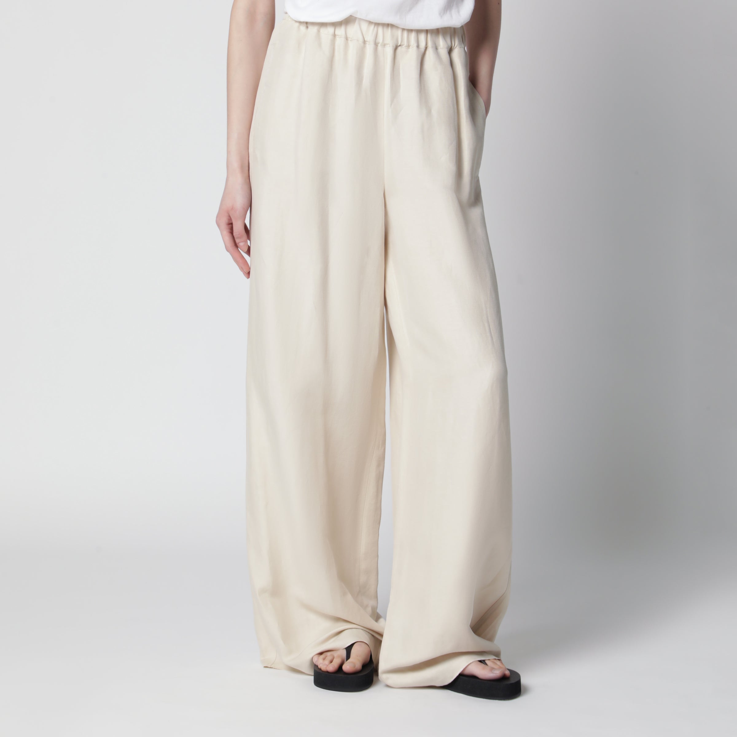 Wide-leg linen and silk twill trousers in beige