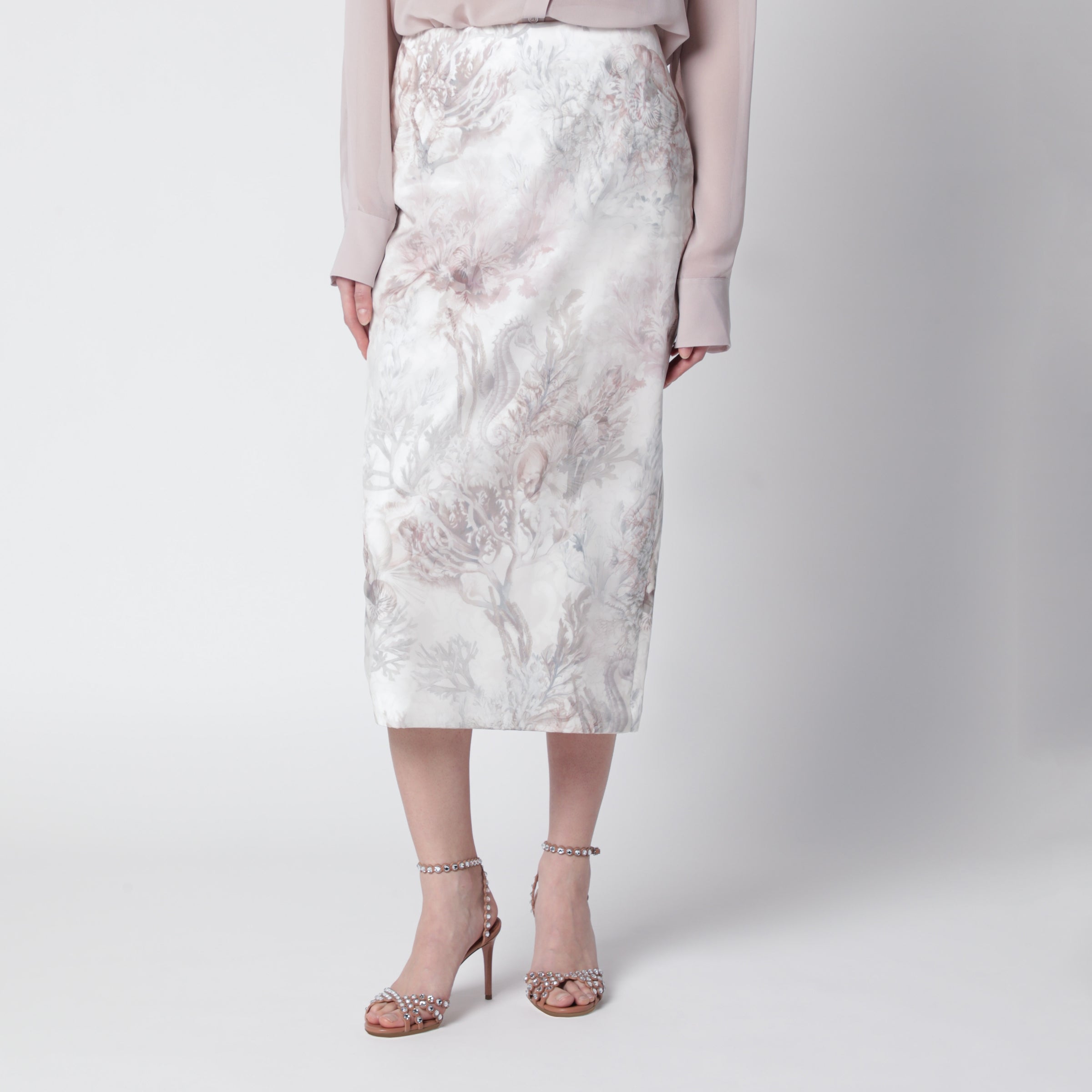 Pencil skirt in printed gabardine and organza