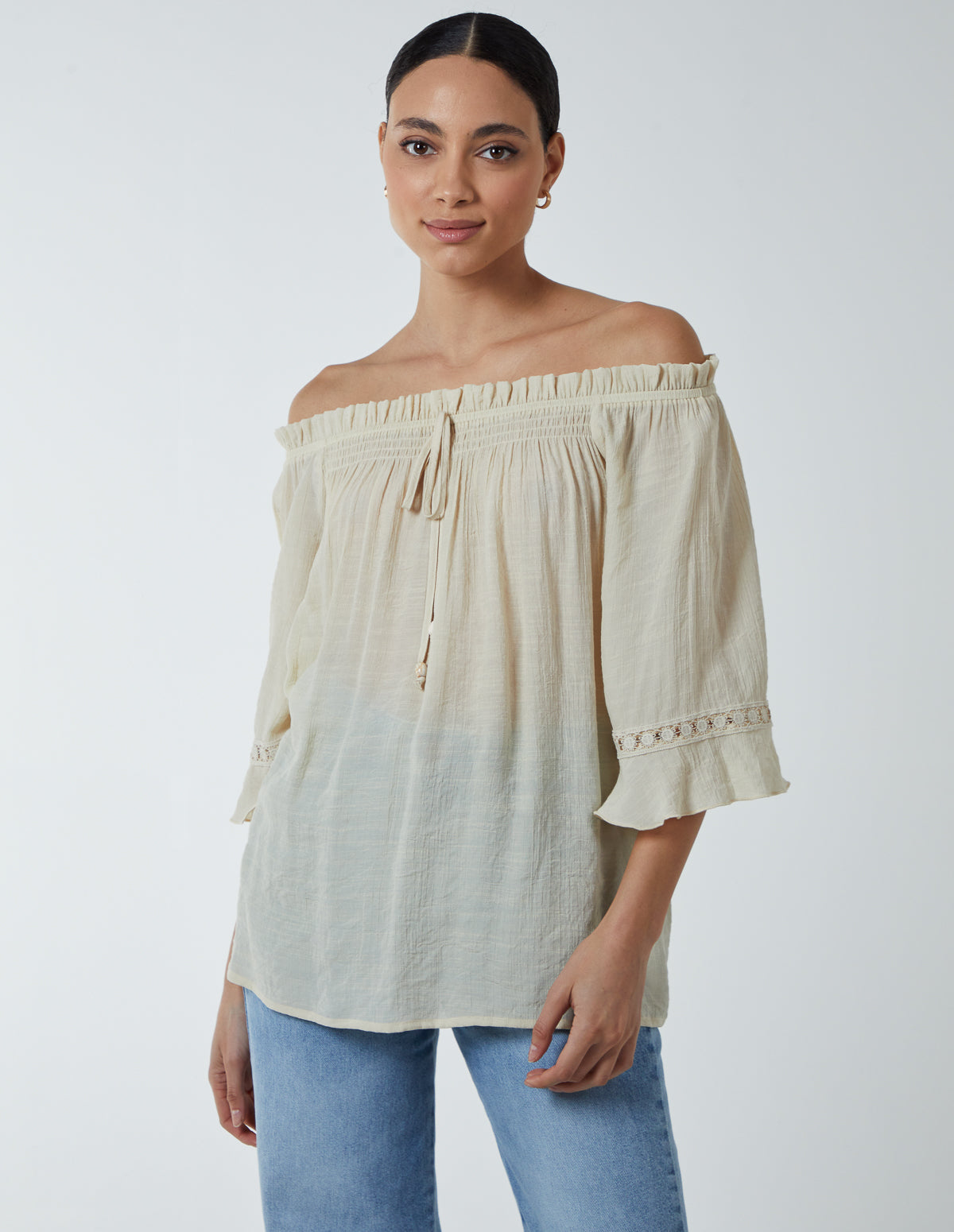 Bardot Tie Front Top - S STONE