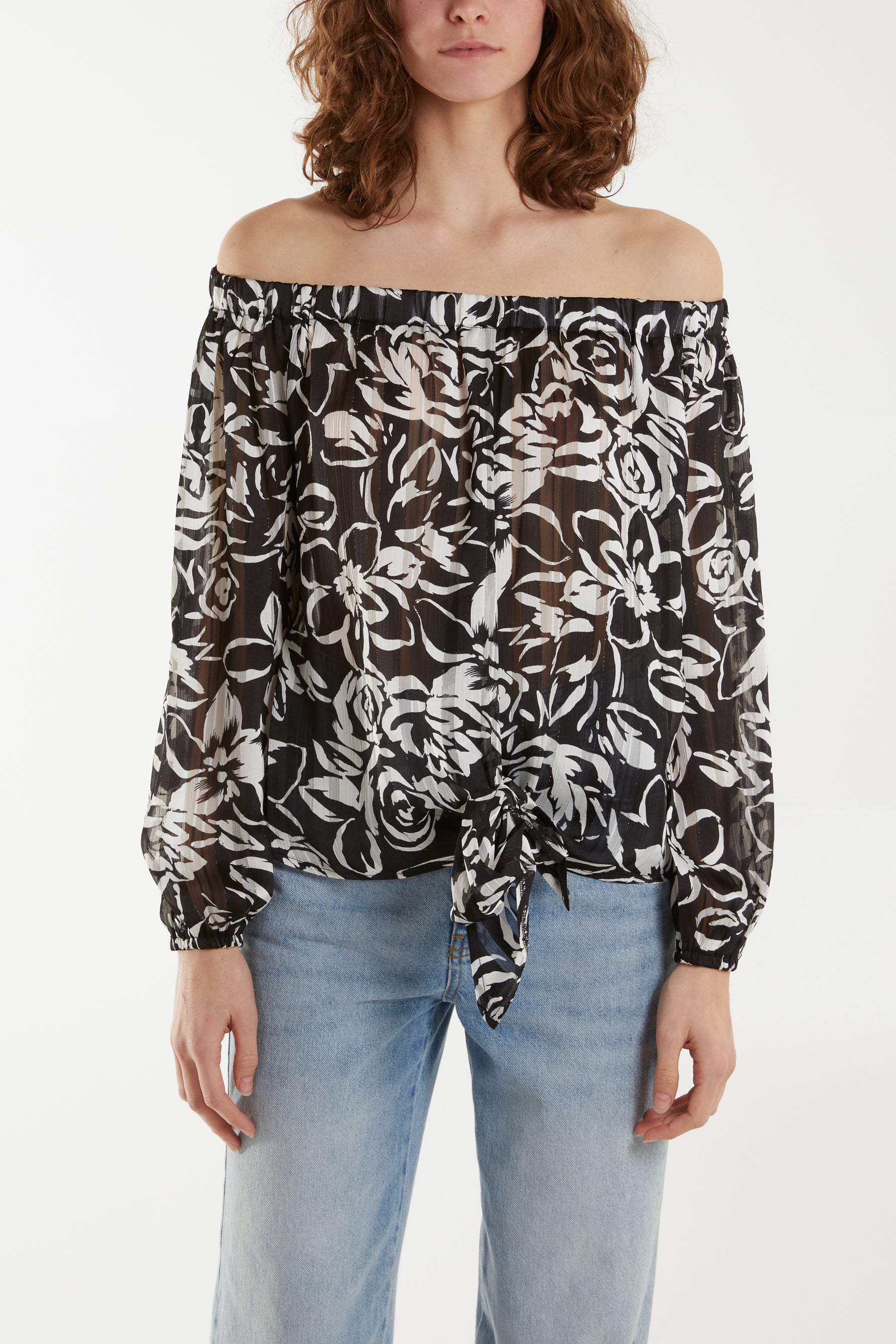 Tie Front Bardot Top - S BLACK