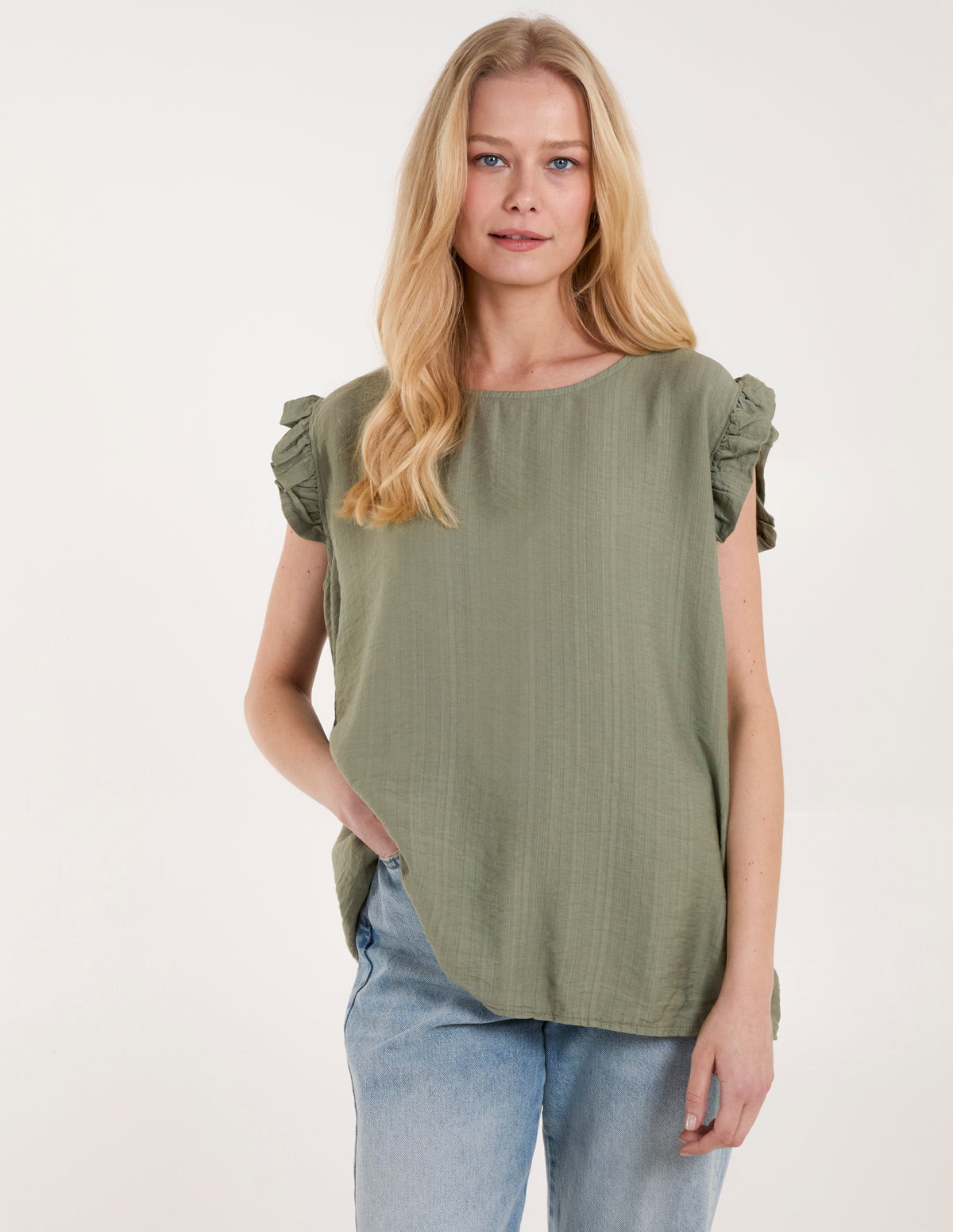 Button Back Frill Shoulder Top - SM KHAKI