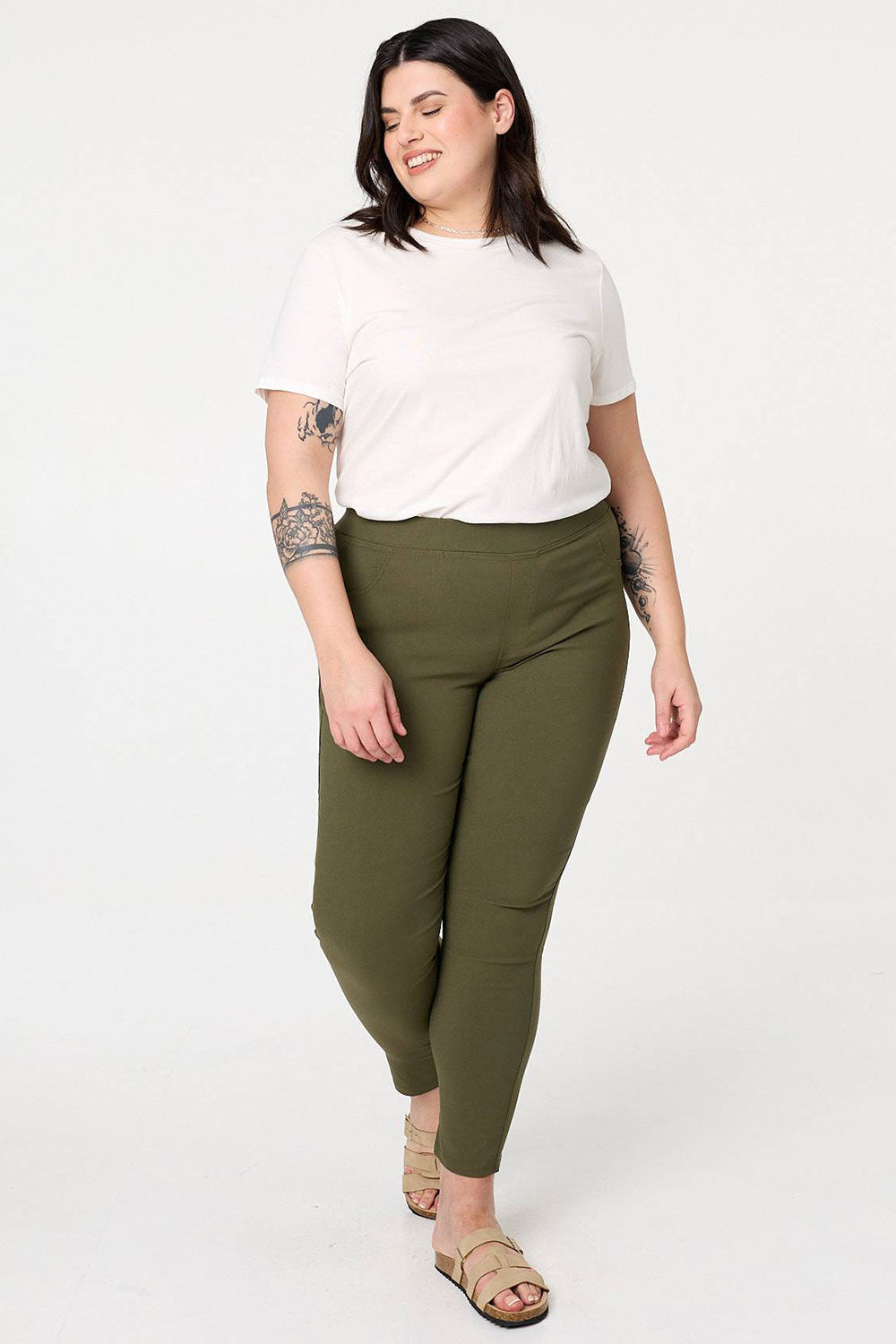 Izabel London Curve Khaki - Stretchy High Waist Jeggings, Size: