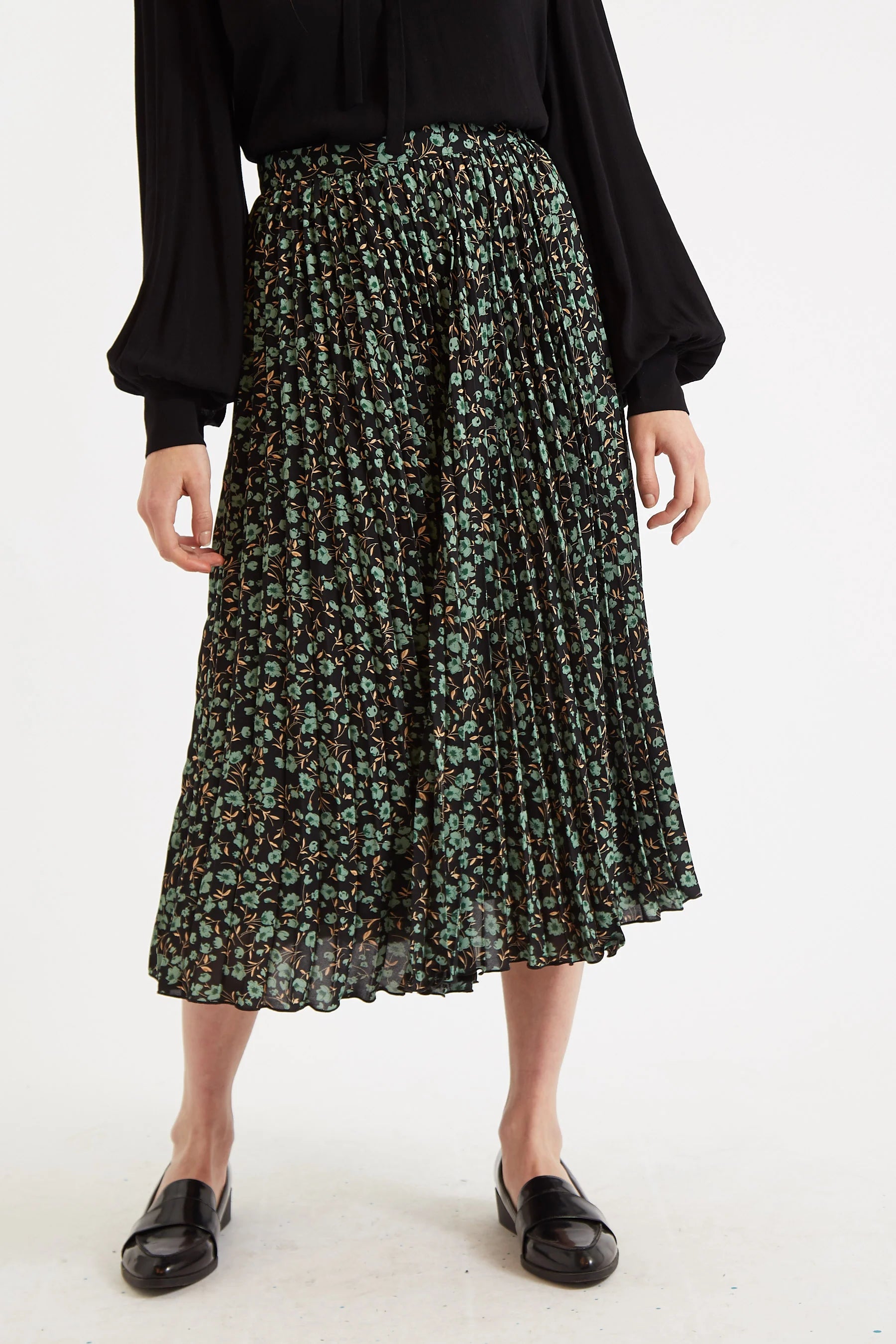 Sabina Fleur Vert Print Pleated Midi Skirt - BlackGreen