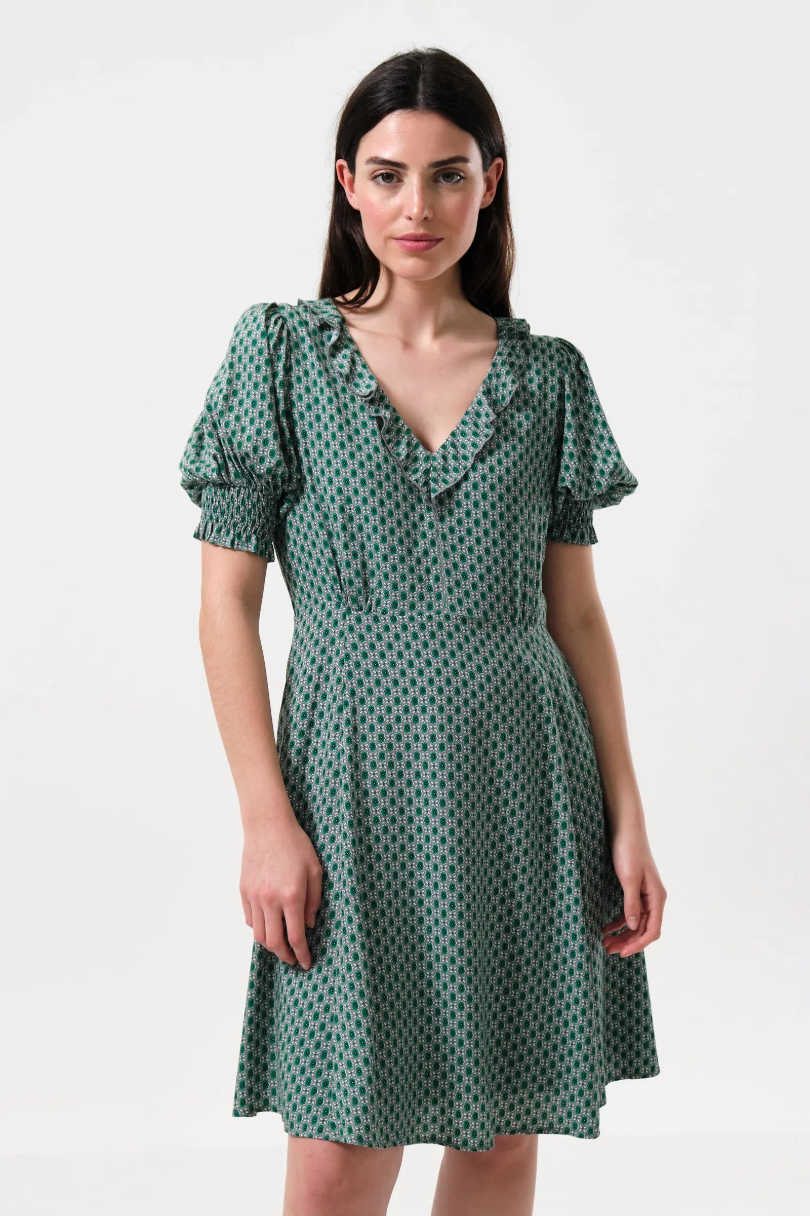 Solyne Flower Tile Print Mini Dress - Teal