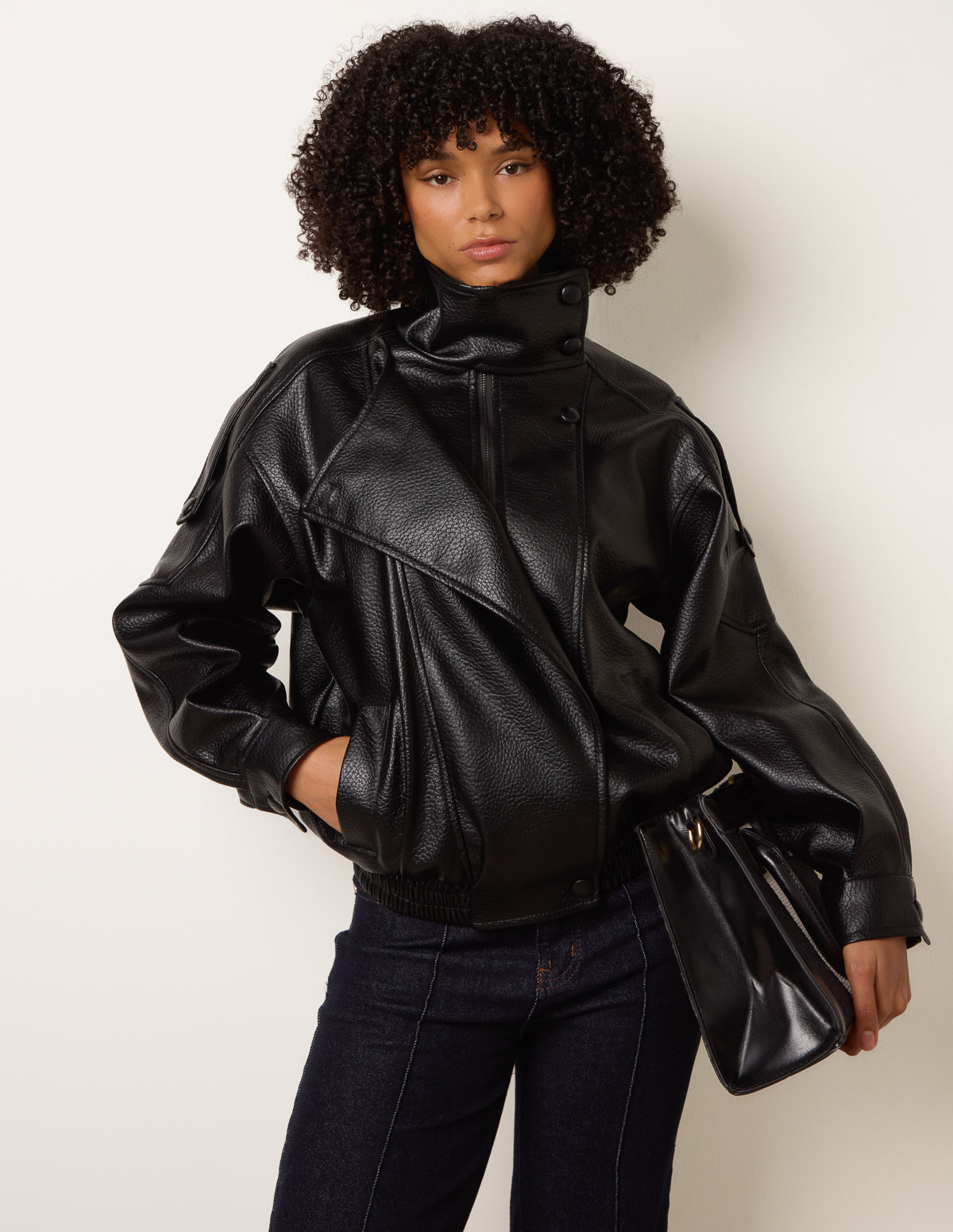 High Collar Faux Leather Jacket - ML BLACK