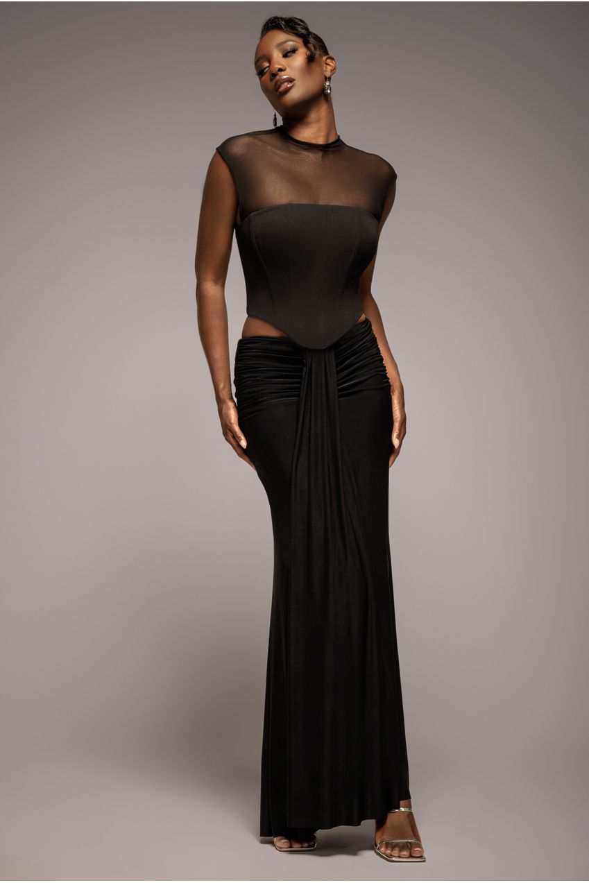 Goddiva Gathered Front Dipped Waist Maxi Skirt