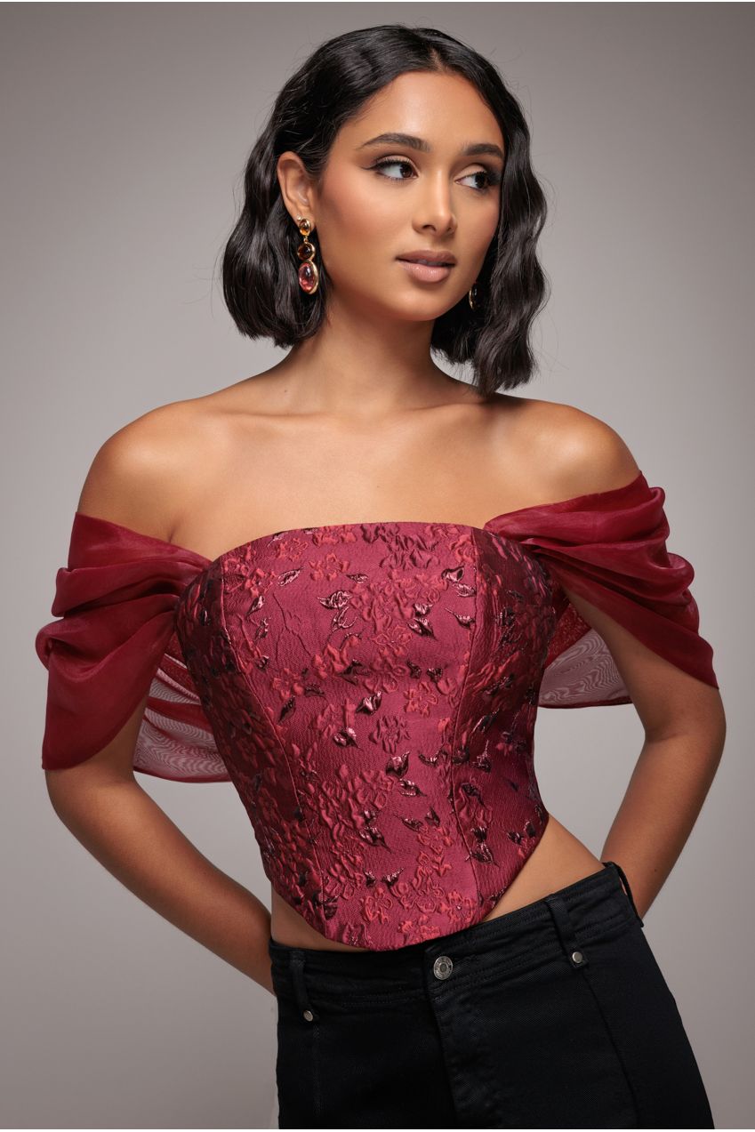 Goddiva Off Shoulder Jacquard Top With Organza Wings