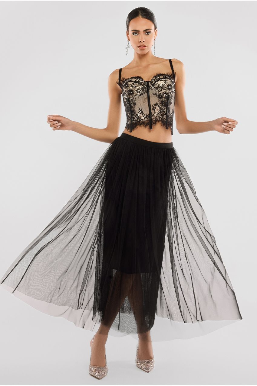 Goddiva Cropped Lace Corset Tulle Gathered Midaxi Skirt With Embroidered Stretch Mesh Gloves & Jersey Scarf