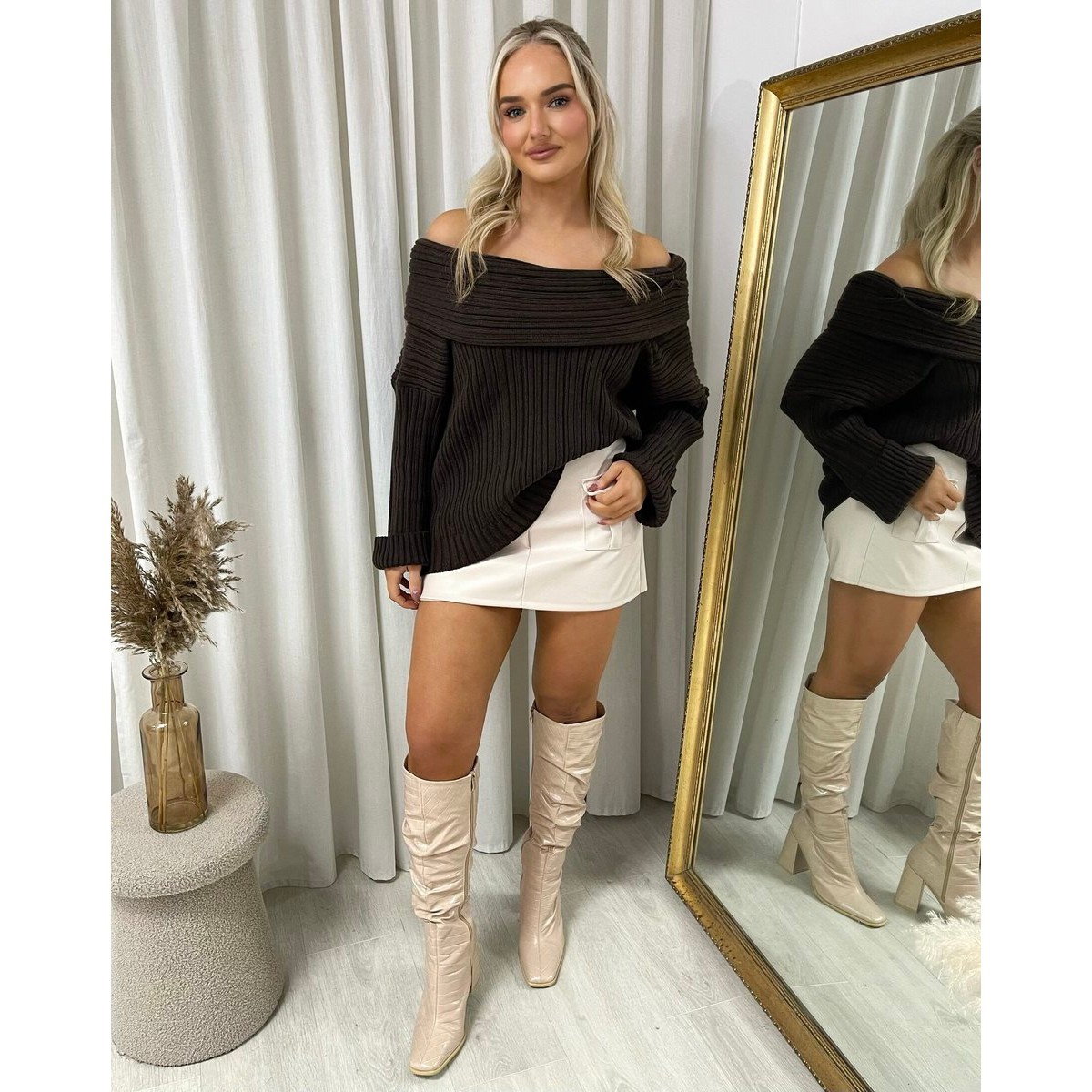 Off Shoulder Long Sleeve Knitted Loose Top - BROWN ONE SIZE -
