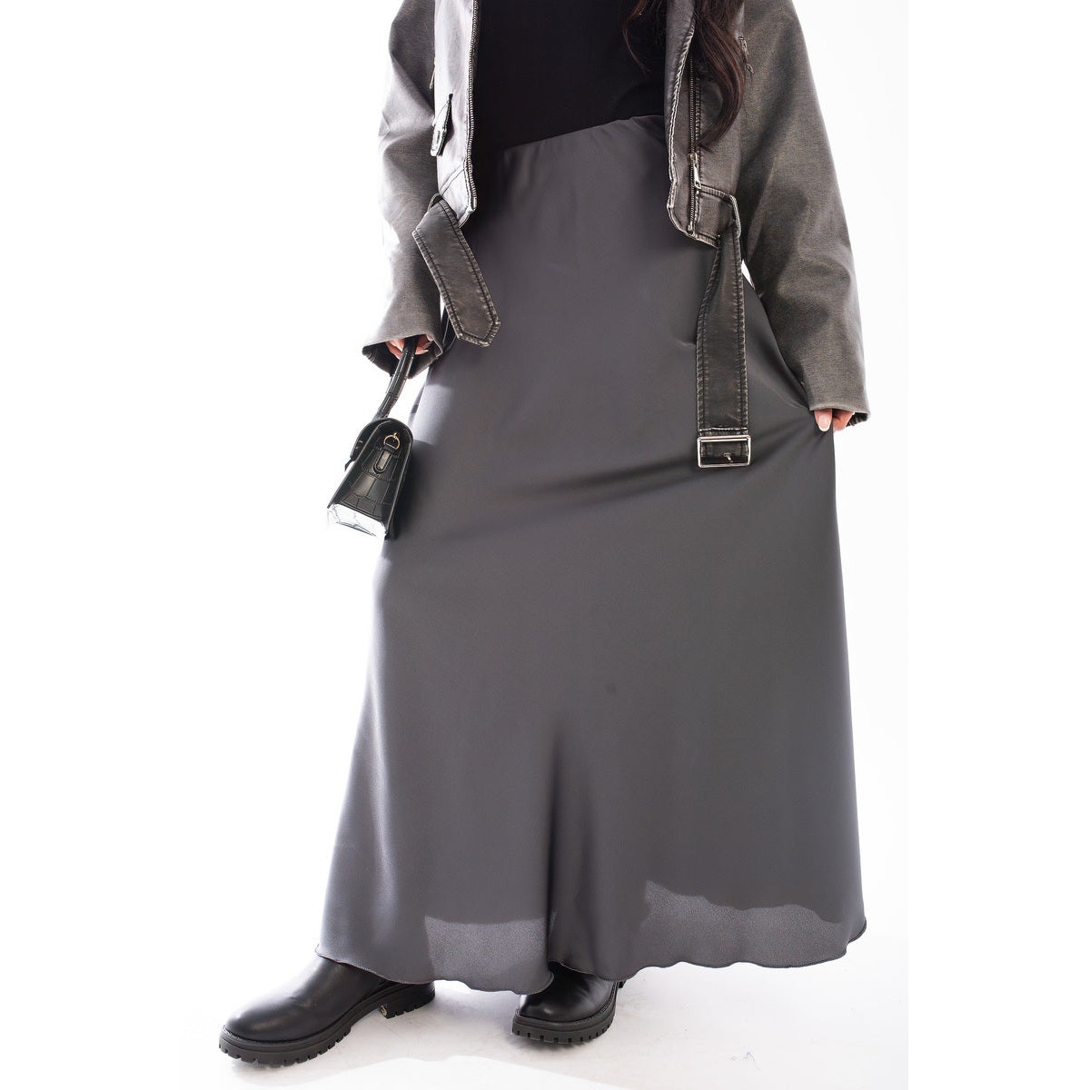 Lightweight High Waisted Maxi Skirt - Charcoal ML