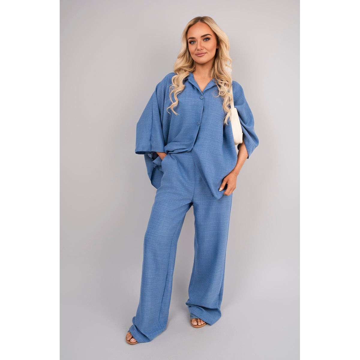 Button Down Long Sleeve Shirt and Wide Leg Trousers Co-ord Set - Denim SM