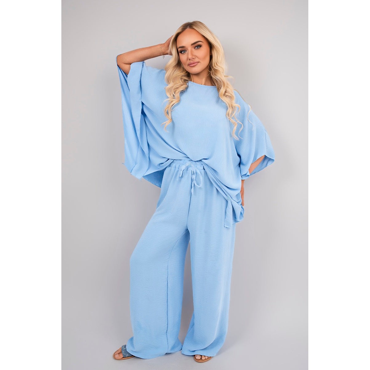 Batwing Top and Drawstring Wide Leg Trousers Co-ord Set - SKY BLUE ML
