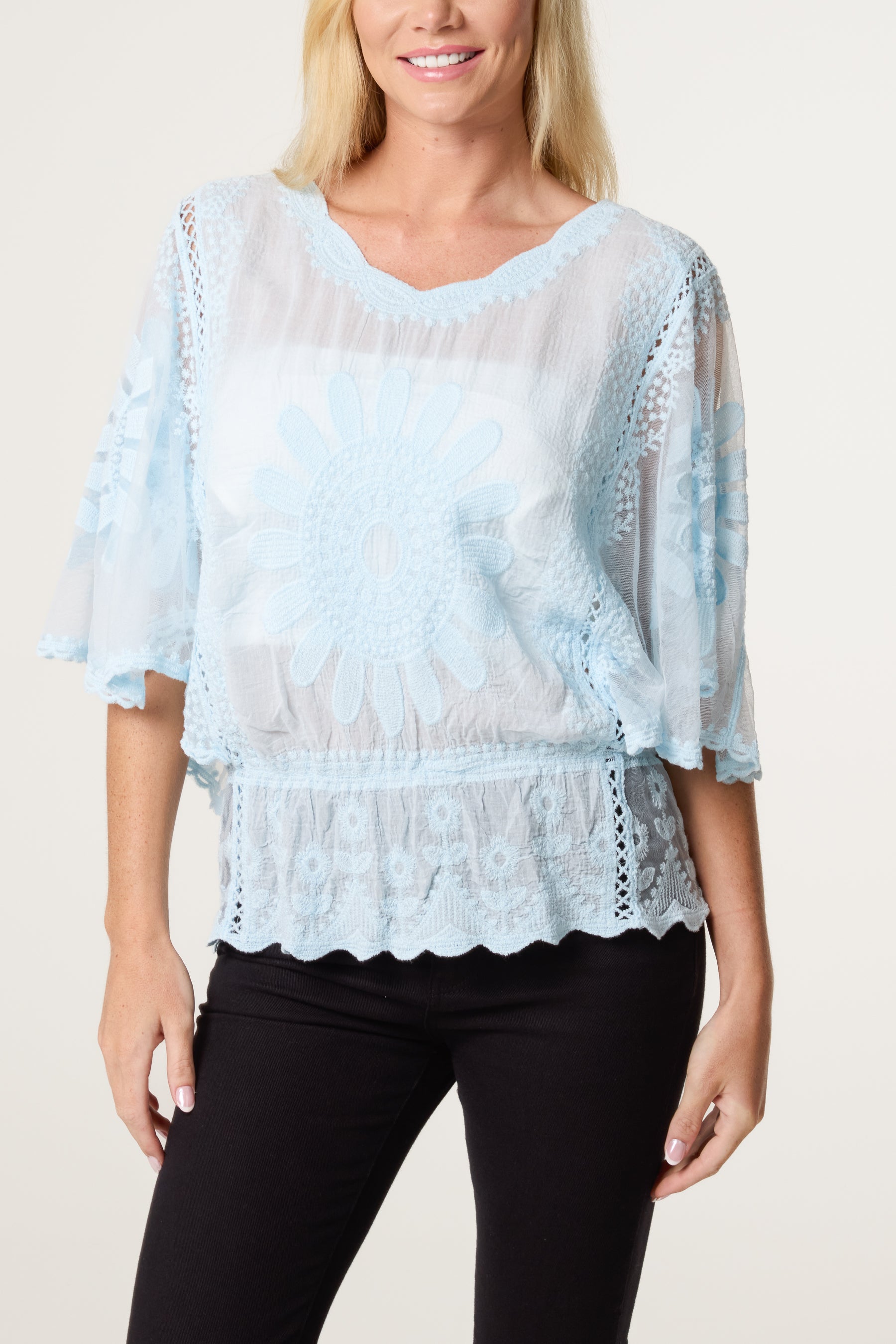 Sun Flower Lace Sleeve Blouse - ML LIGHT BLUE