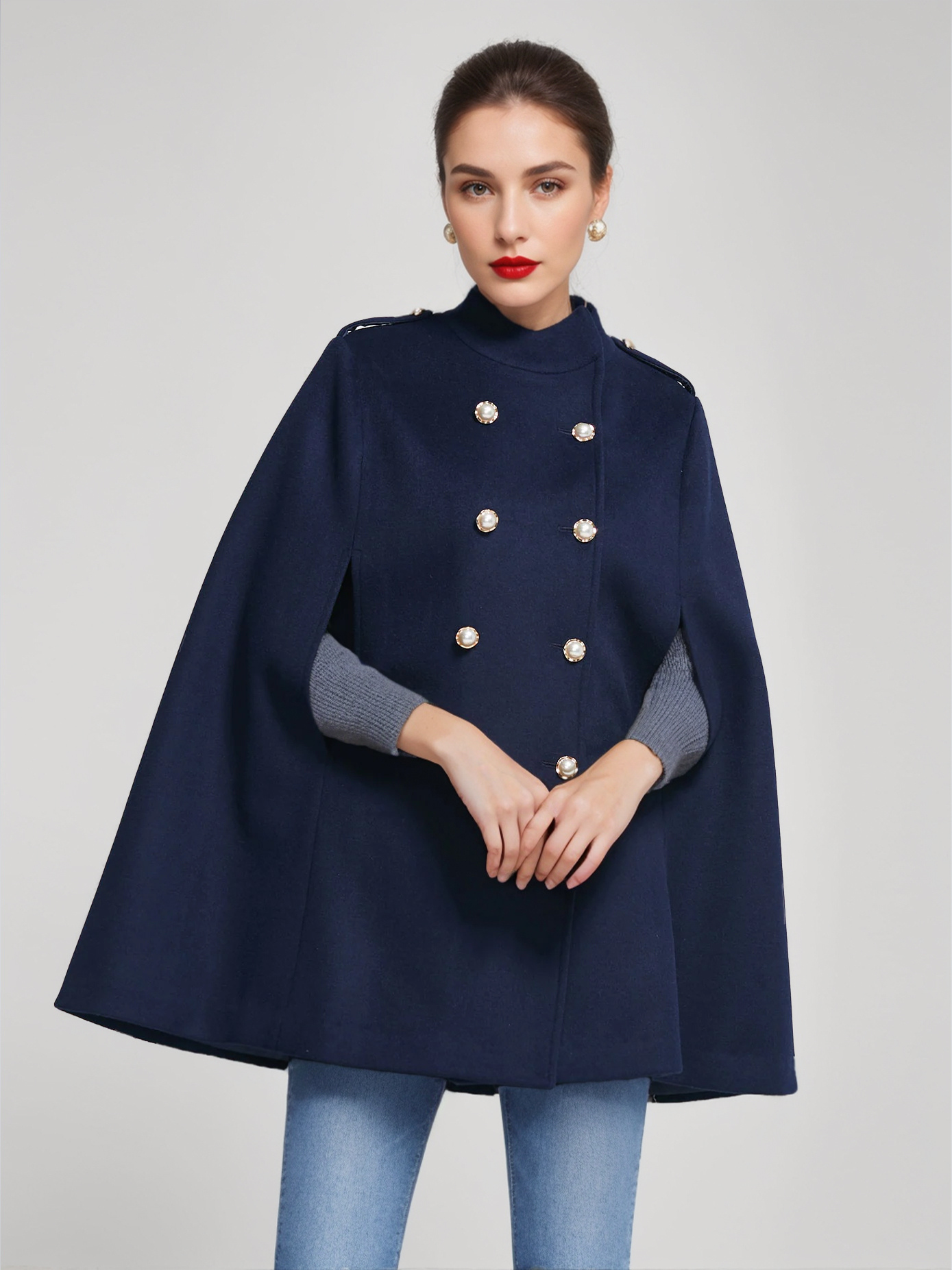 Woolen Cape Coat For Women Stand Collar Dark Navy Double-breasted Winter Poncho Outerwear