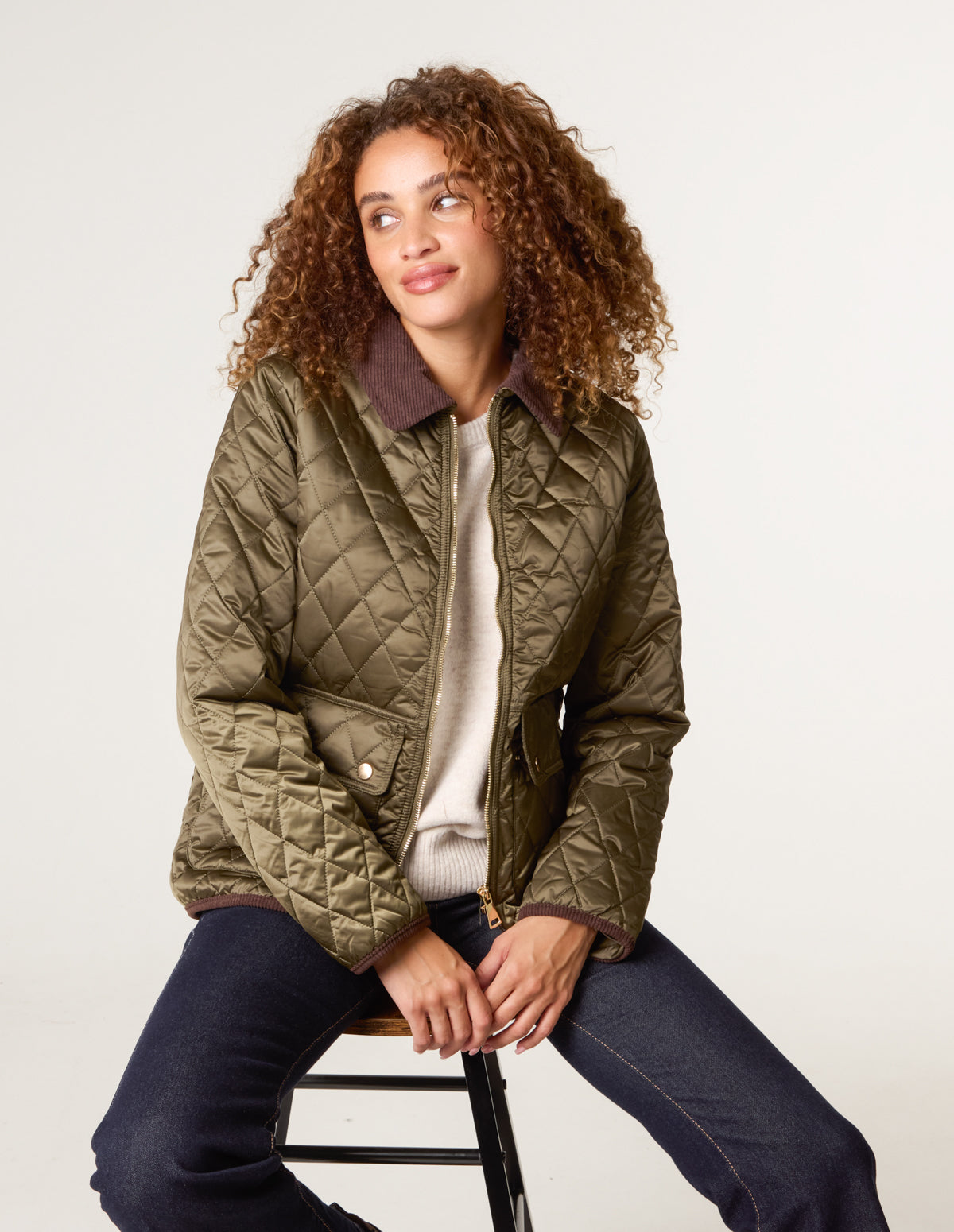Diamond Quilted Cord Collar Coat - KHAKI