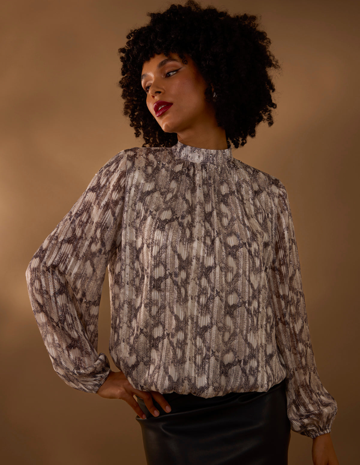 Rhinestone Studded Snake Print Blouse - S SNAKE