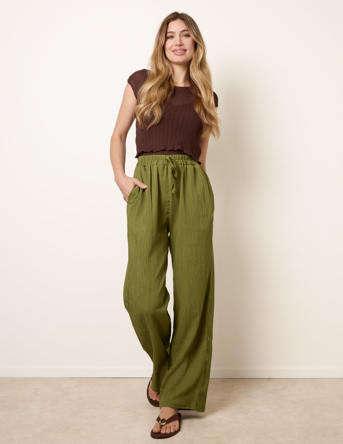 Drawstring Wide Leg Trousers - S KHAKI