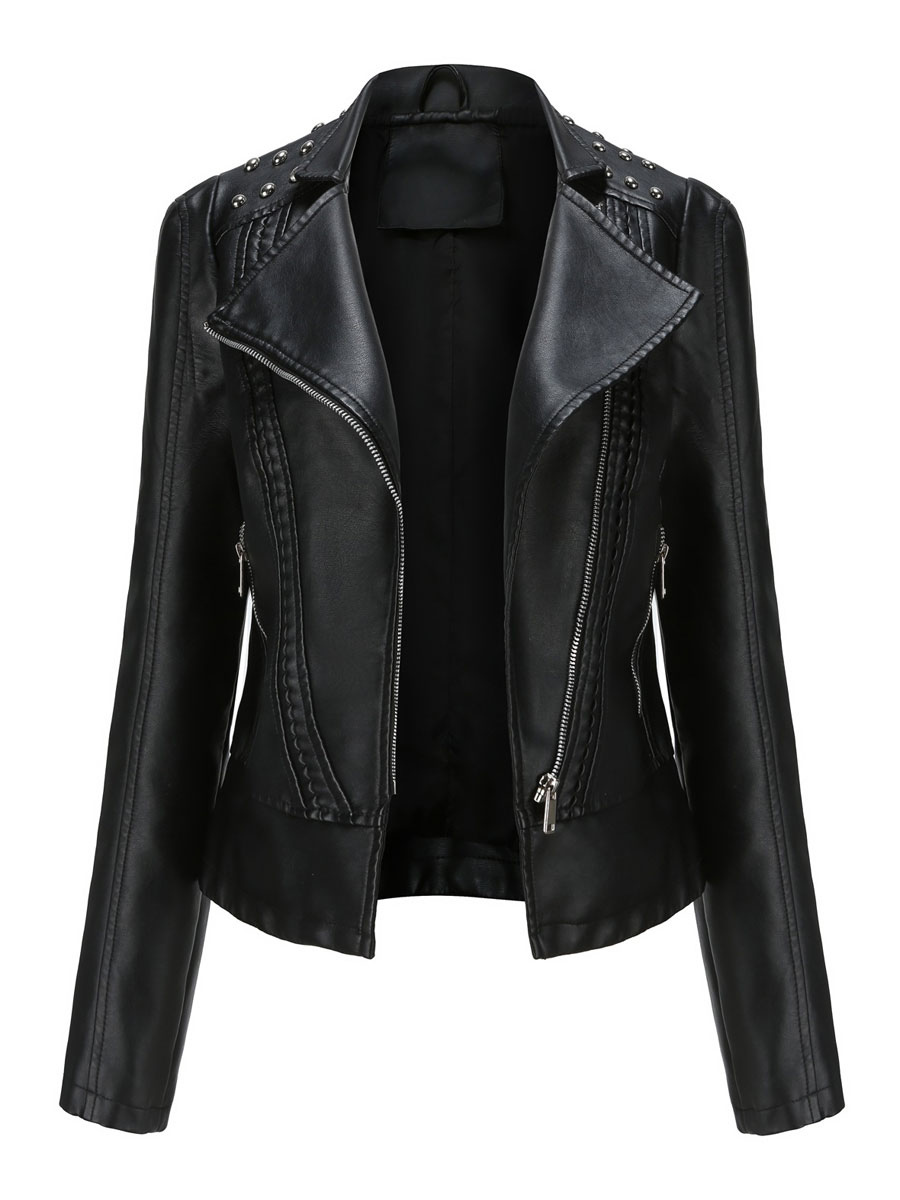 Women Motorcycle Jacket Leather Turndown Collar Long Sleeve Rivet Short Jacket Cozy Active Outerwear