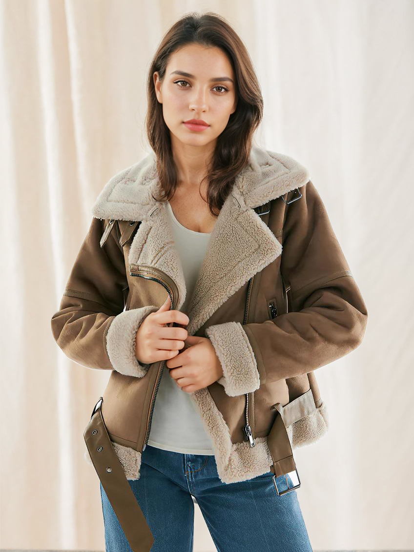 Suede Jacket Faux Shearling Winter Coat Outerwear For Women
