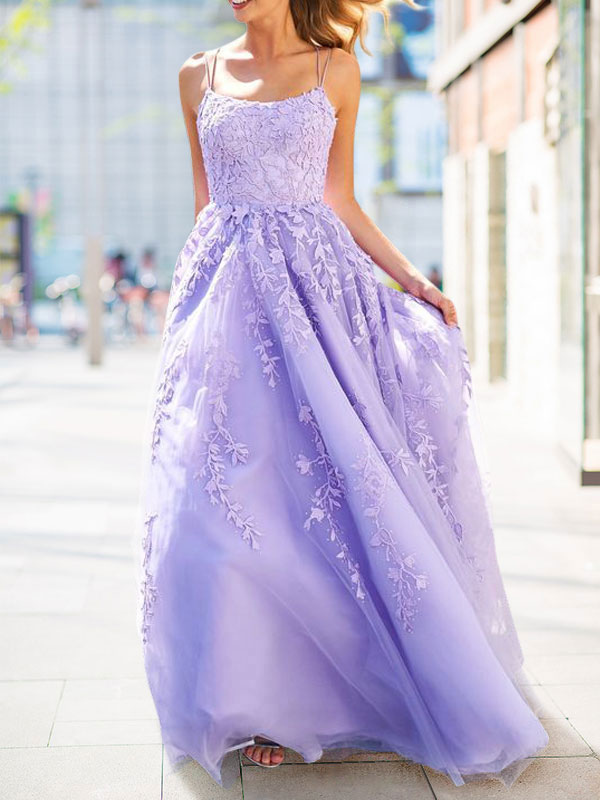 Prom Dress Lavender A-Line V-Neck Sleeveless Lace-Up Backless Criss-Cross Long Lace Party Dresses