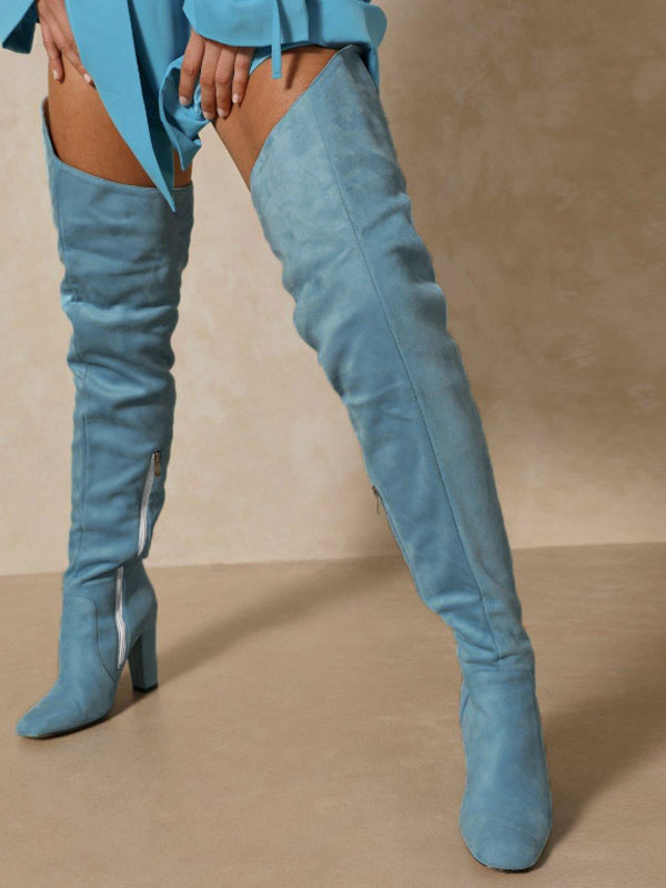 Women's Wide Calf Thigh High Boots Suede Chunky Heel Over The Knee Boots