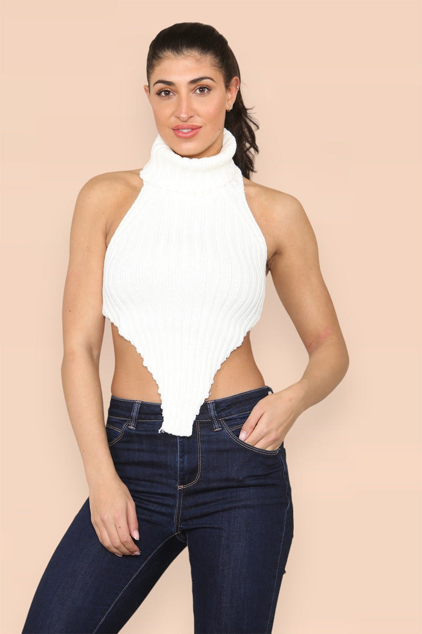 High Neck Roll Knitted Backless Front Cropped Top - Cream One Size