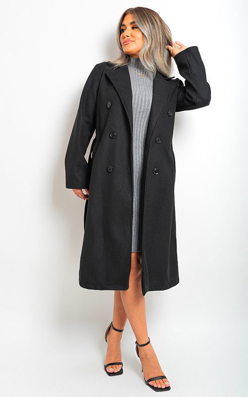 Button Detail Belted Trench Coat - black SM