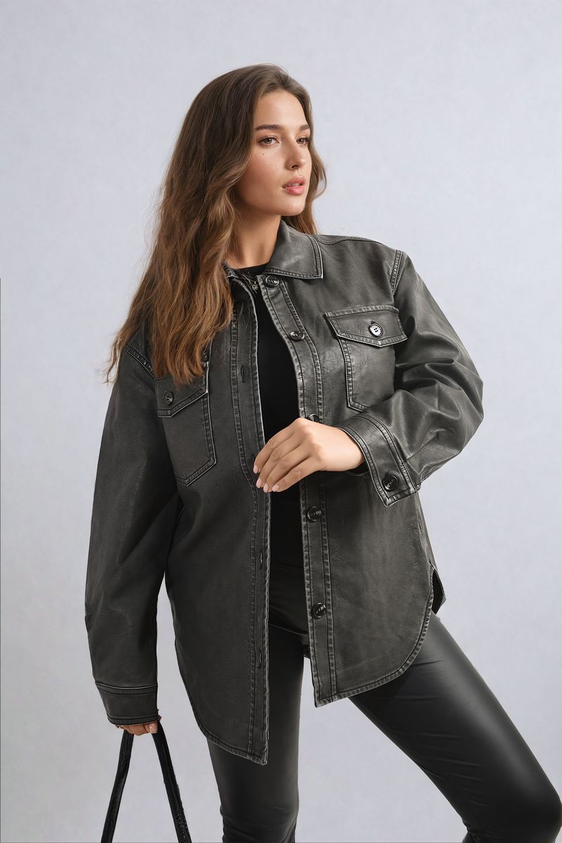 Button Front Pocket Detail Faux Leather Jacket - grey ML