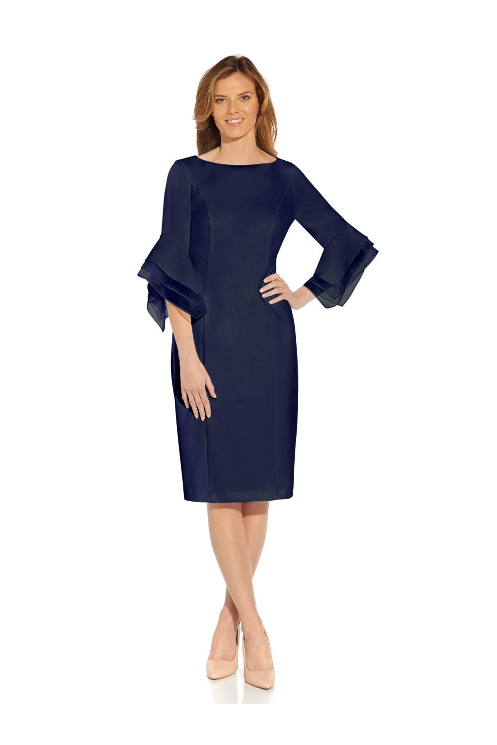 Adrianna Papell Knit Crepe Tiered Sleeve Dress In Navy