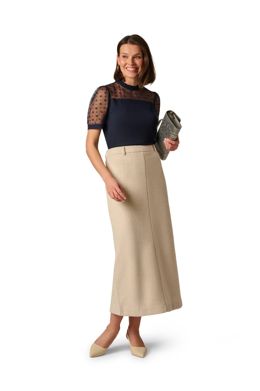 Adrianna Papell Floral Mesh Yoke & Short Sleeve Ruffle Neck Top In Navy