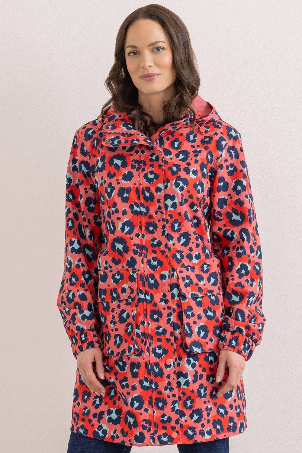 Klass. Hooded Waterproof Animal Print Raincoat In Coral