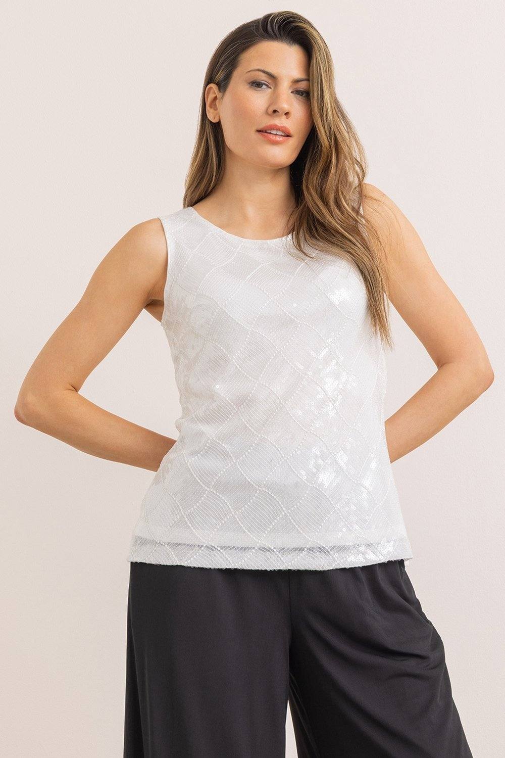Klass. Sequinned Sleeveless Mesh Top In Ivory