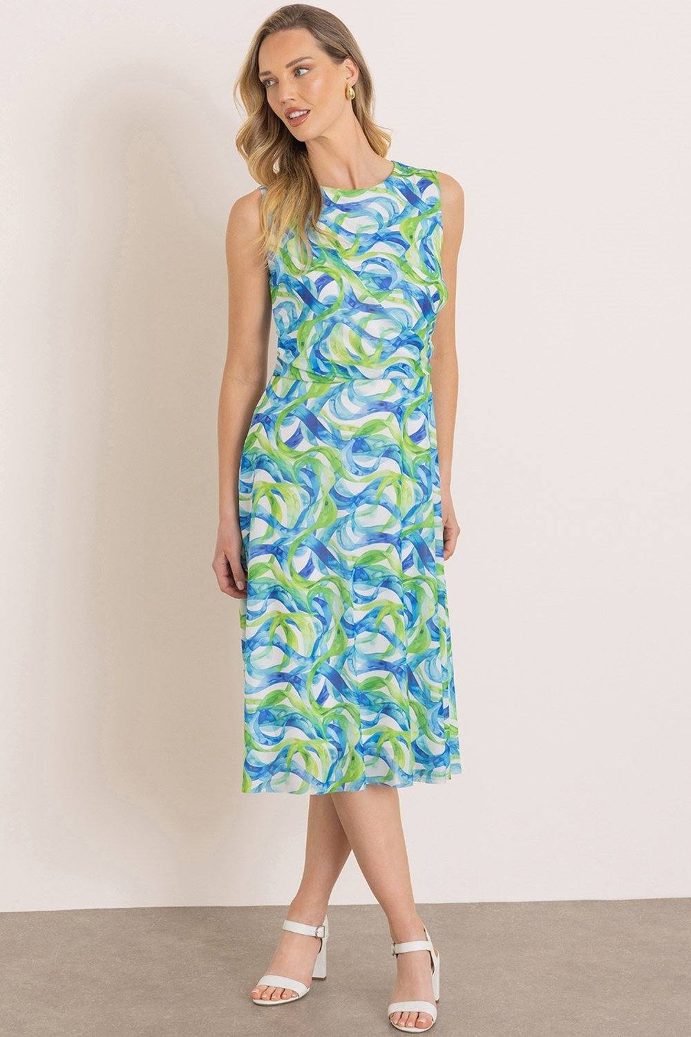 Klass. Printed Drape Front Mesh Dress In Blue