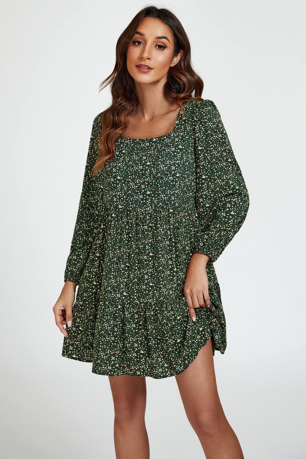 Fs Collection Little Floral Print Square Neck Mini Dress In Olive Green